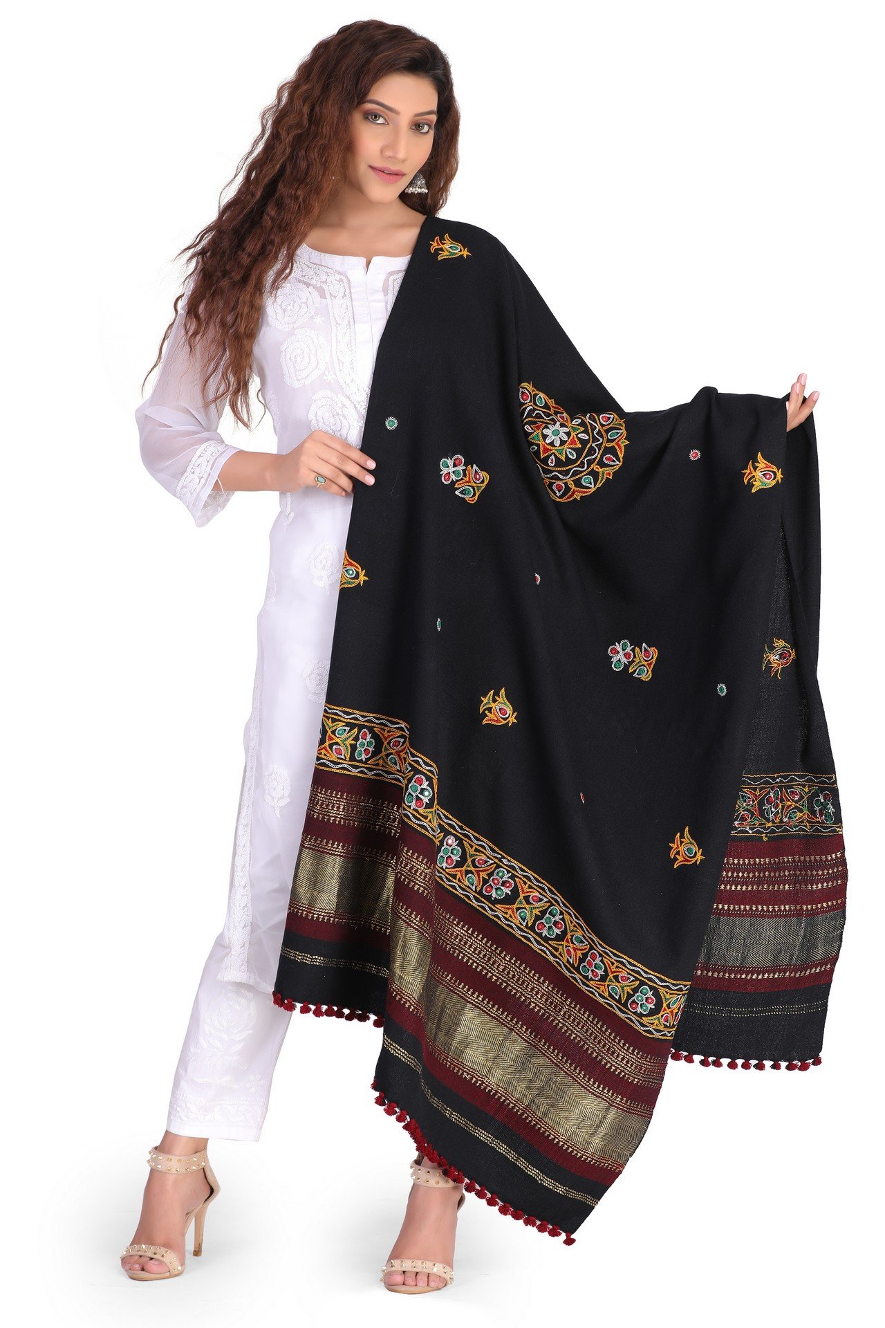 Acrylic Ahir Work Shawl Black Gold AAWS001