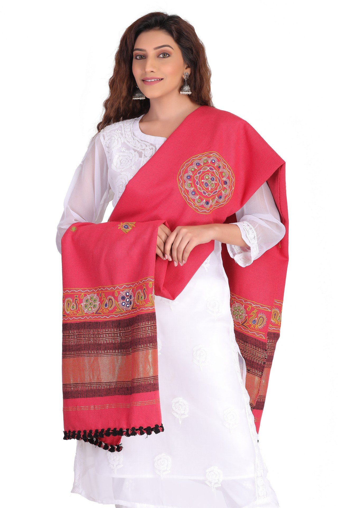 Acrylic Ahir Work Shawl Indian Red Gold AAWS005