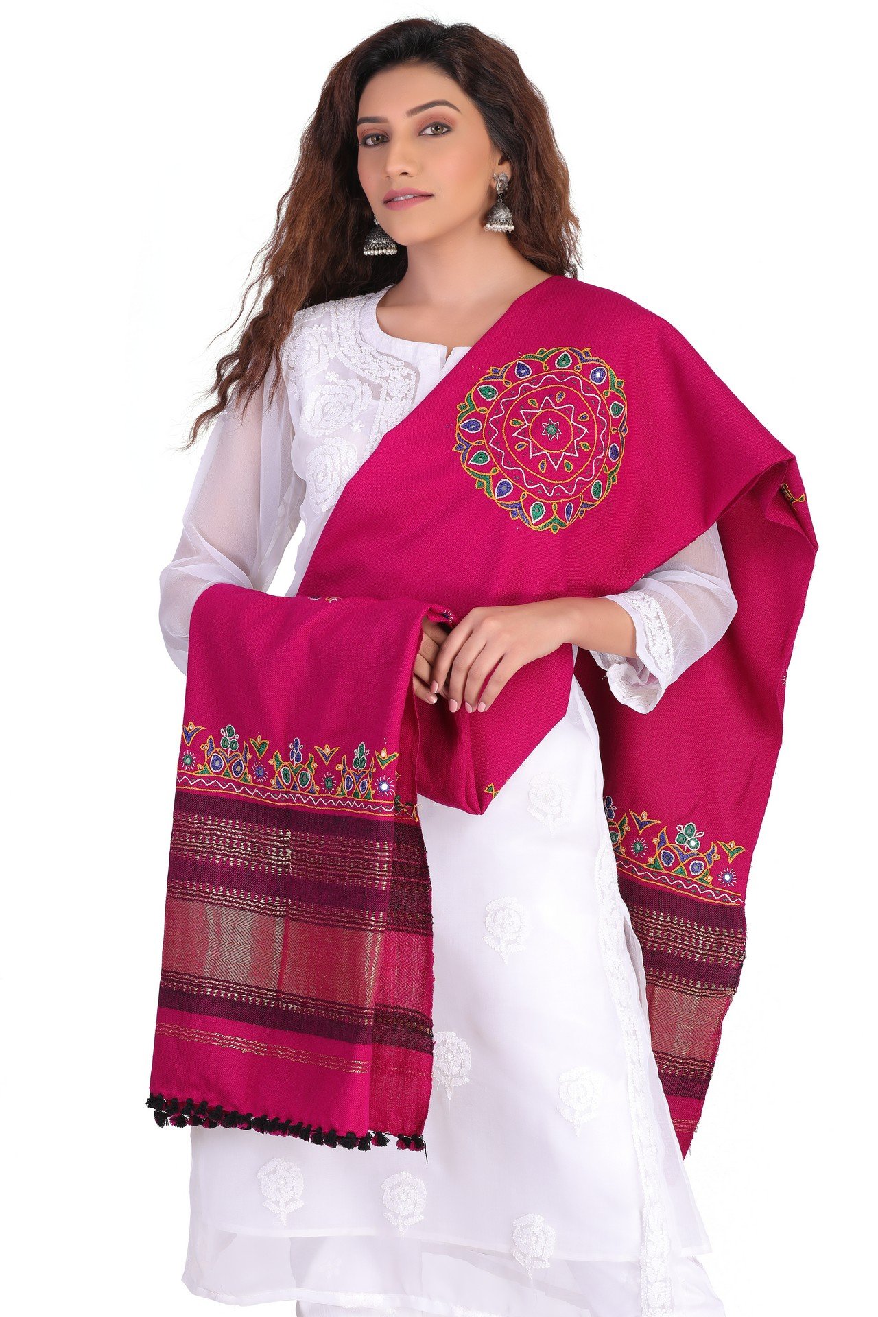 Acrylic Ahir Work Shawl Rani Pink Gold AAWS007