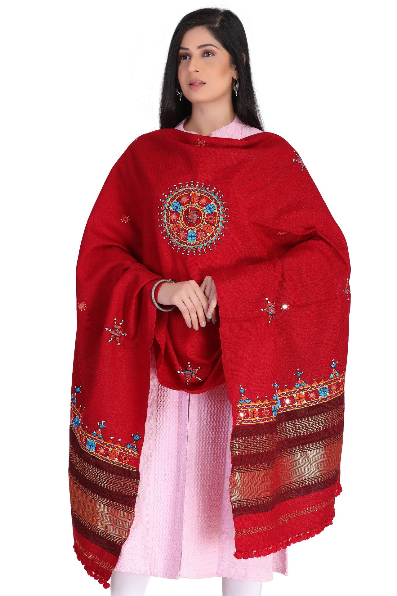 Acrylic Wool Neran Work Shawl Red AWNWS004