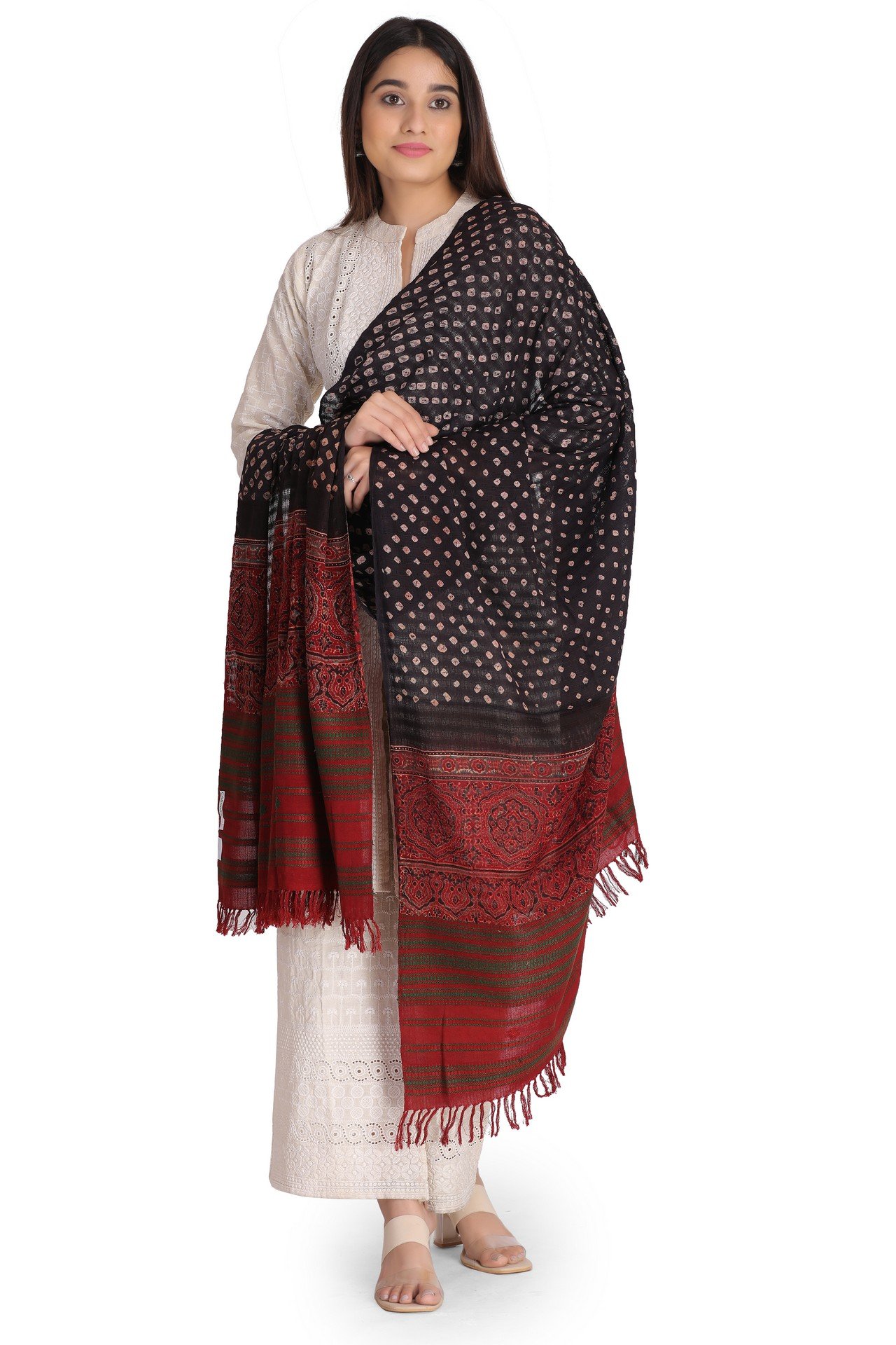 Cotton Ajrakh Bndhani Shawl Apple Red Black CABS001_