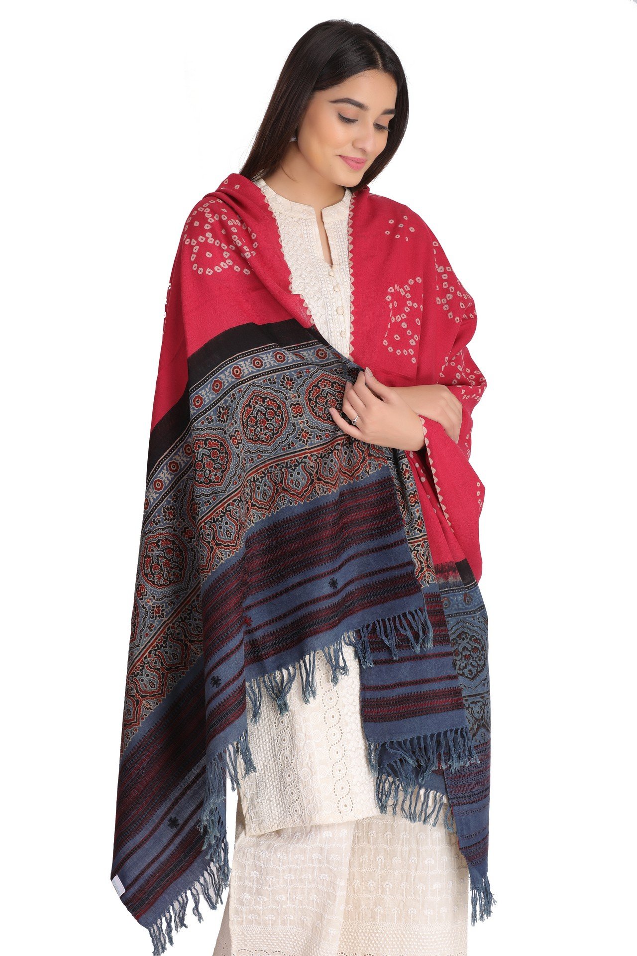 Cotton Ajrakh Bndhani Shawl Pink Blue Black CABS006
