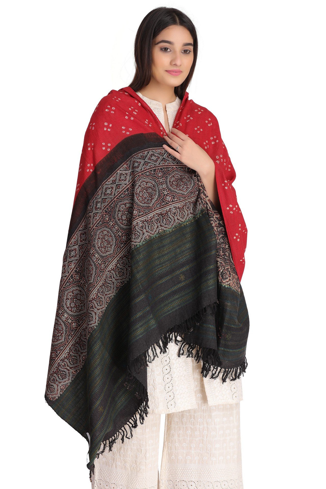 Cotton Ajrakh Bndhani Shawl Pink Blue Black CABS006_