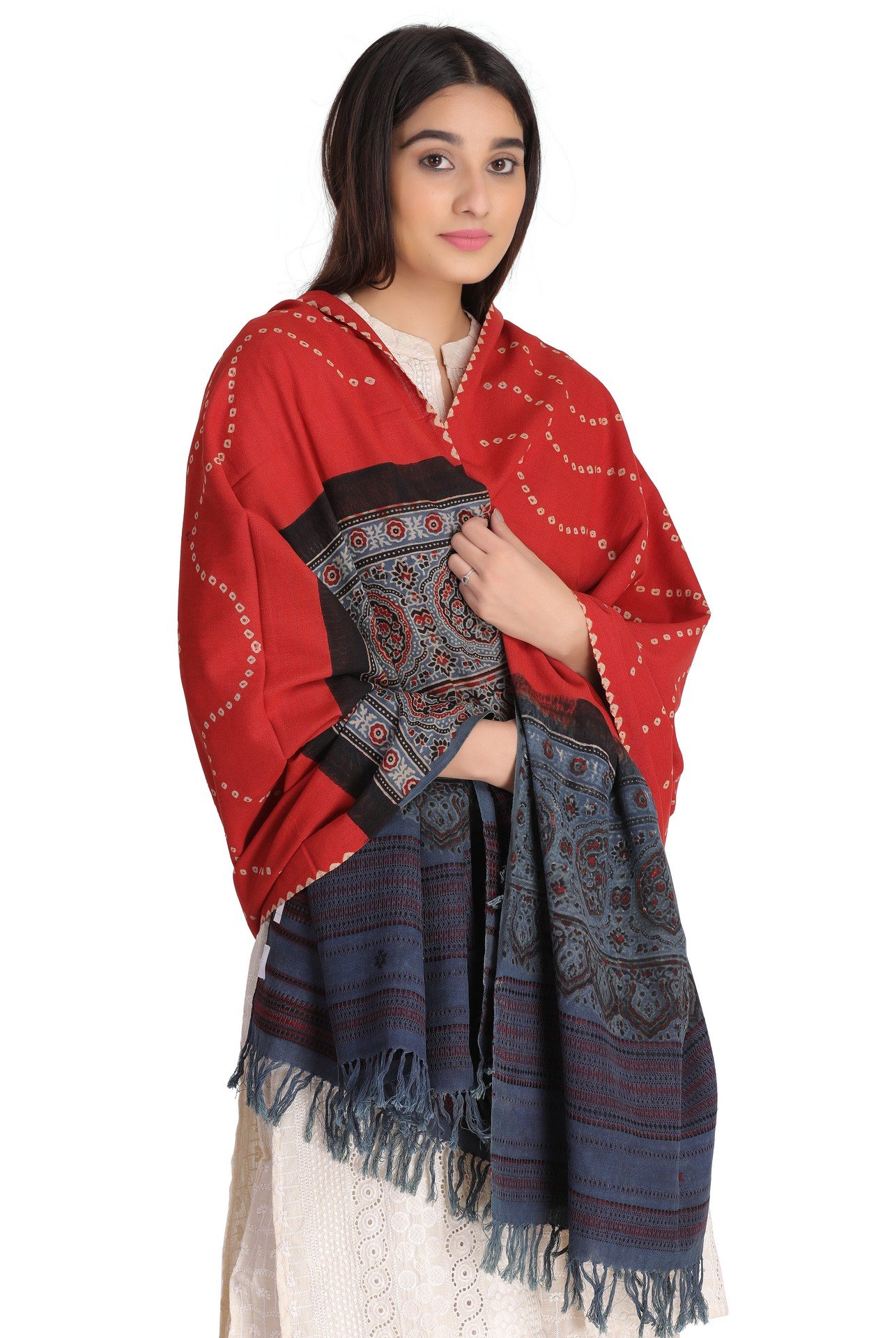 Cotton Ajrakh Bndhani Shawl Pink Blue Black CABS006___