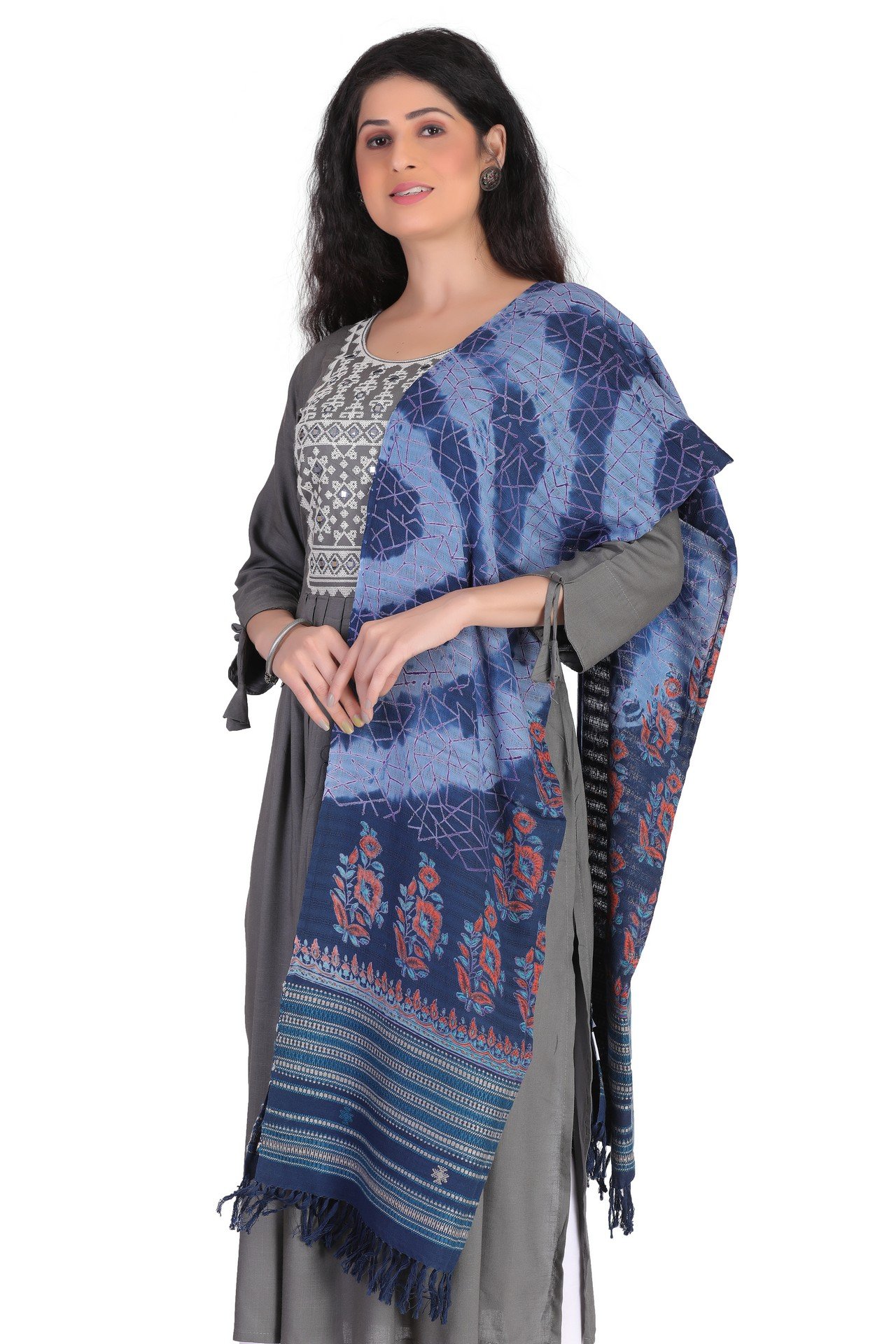Cotton Ajrakh Missing Stole Dark Blue Orange CAMST002