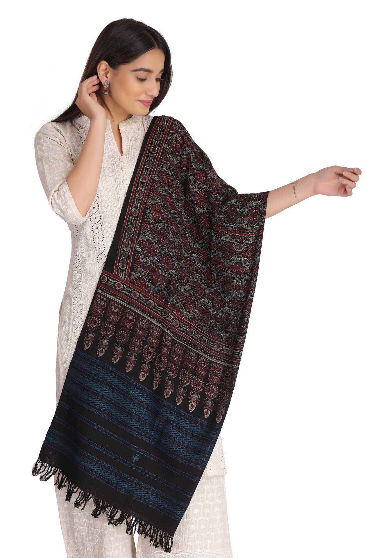Cotton Ajrakh Missing Stole Natural Dye Black Red Blue CANDS001_