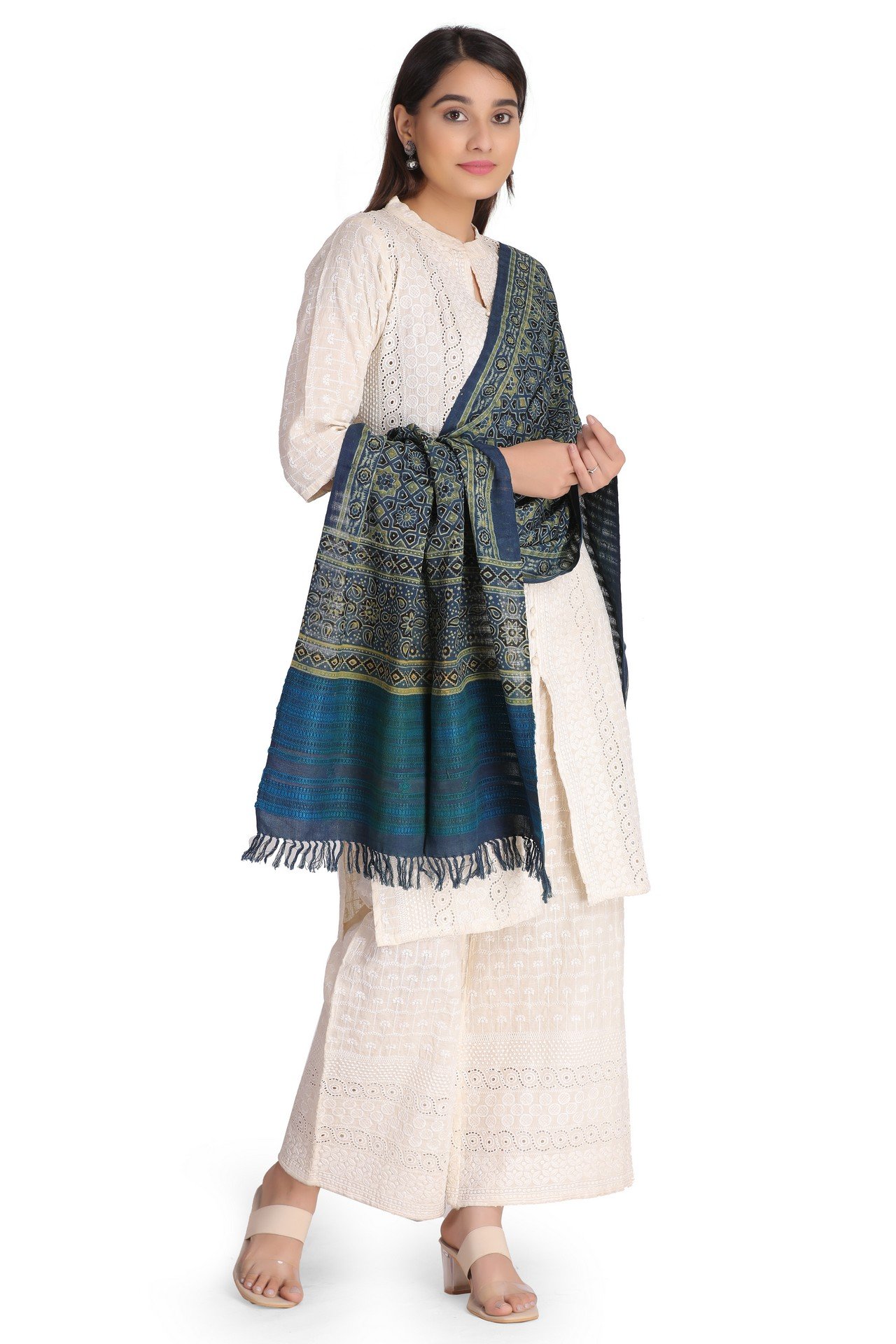 Cotton Ajrakh Missing Stole Natural Dye Blue Black Green CAMNDST002__