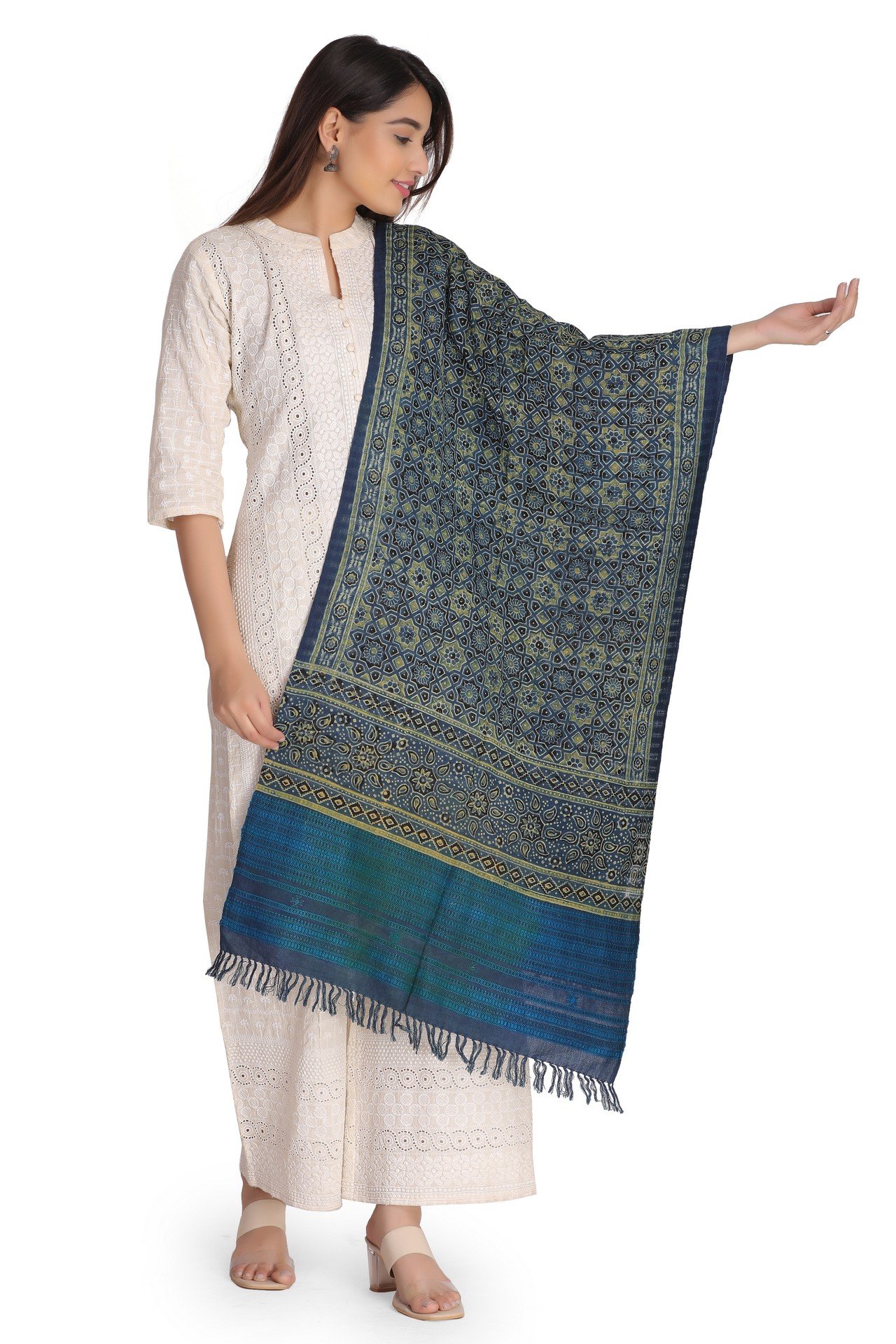 Cotton Ajrakh Missing Stole Natural Dye Blue Black Green CAMNDST002___