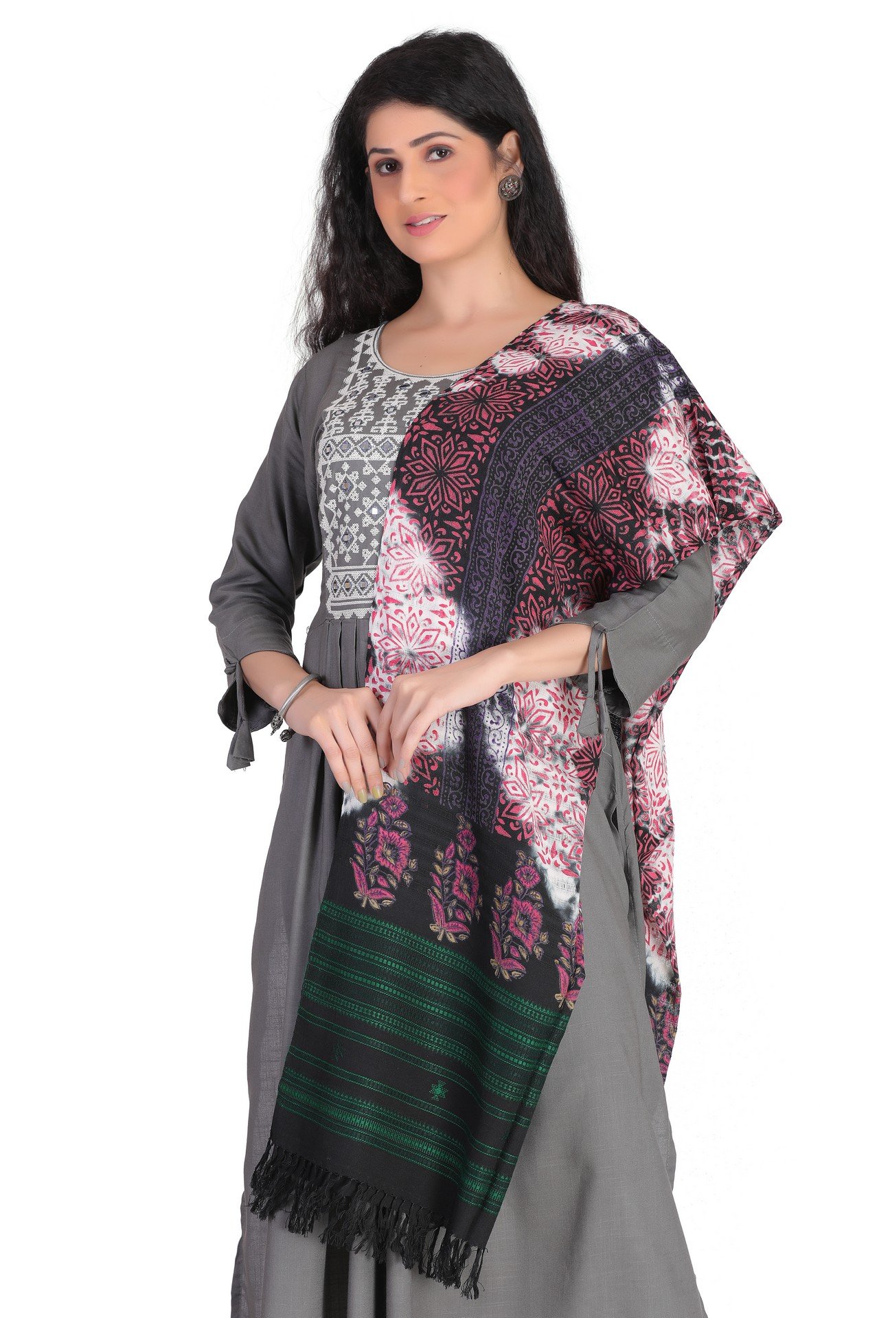 Cotton Ajrakh Missing Stole Pink Pupple Black Green CAMST004