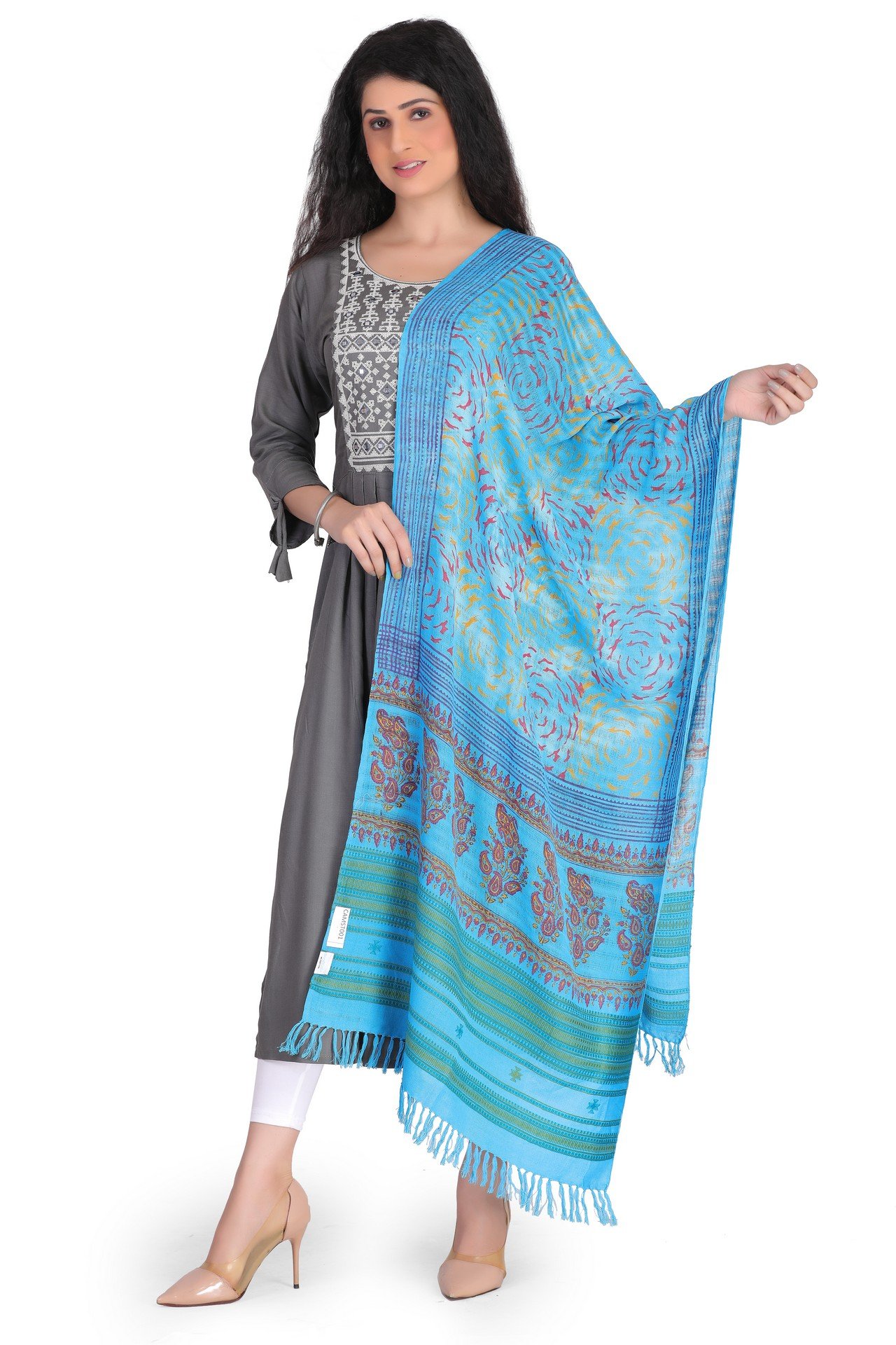 Cotton Ajrakh Missing Stole Sky Blue CAMST001