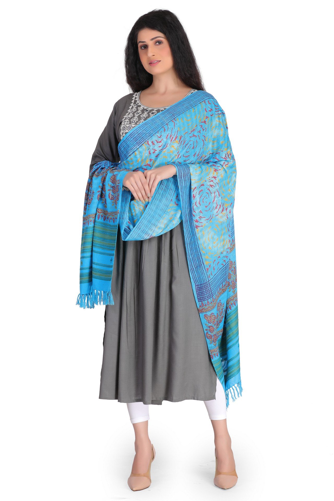 Cotton Ajrakh Missing Stole Sky Blue CAMST001_
