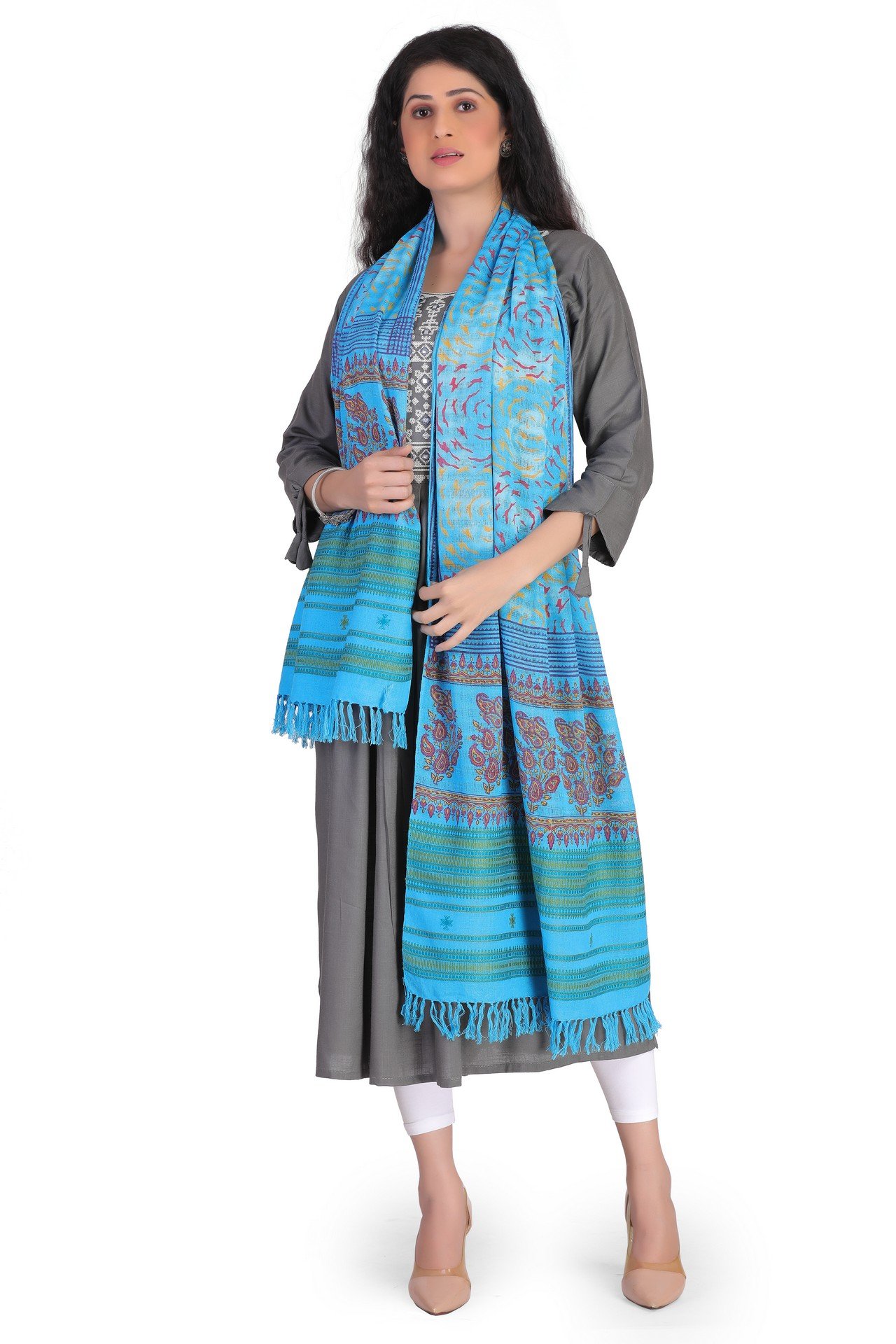 Cotton Ajrakh Missing Stole Sky Blue CAMST001___