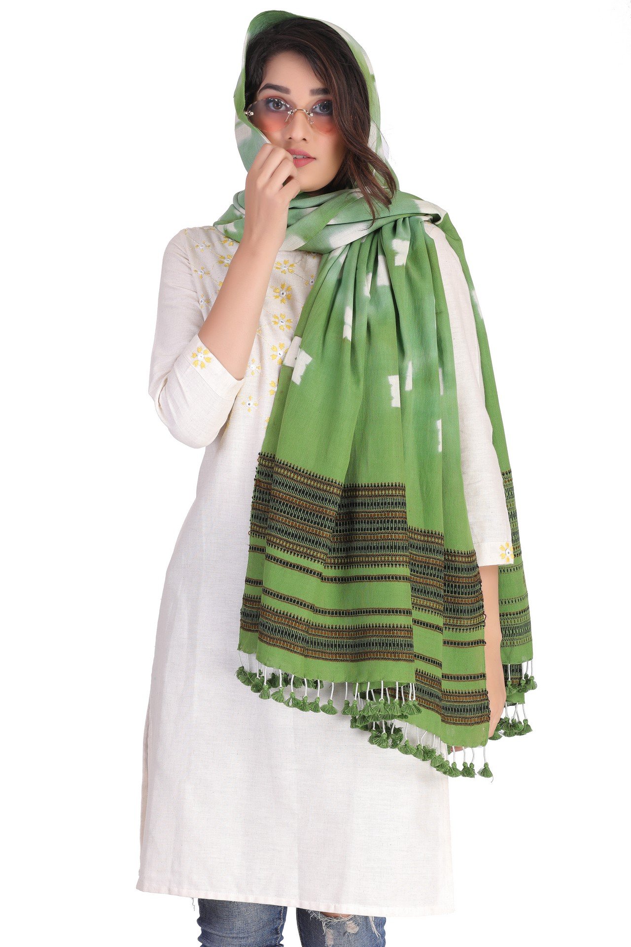 Cotton Sed Dyed Lines Shwal Olive Green CSDLS002