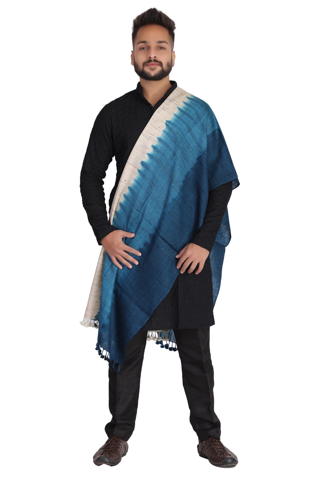 Fine Silk Stole White Dark Blue Sky Blue FSST002