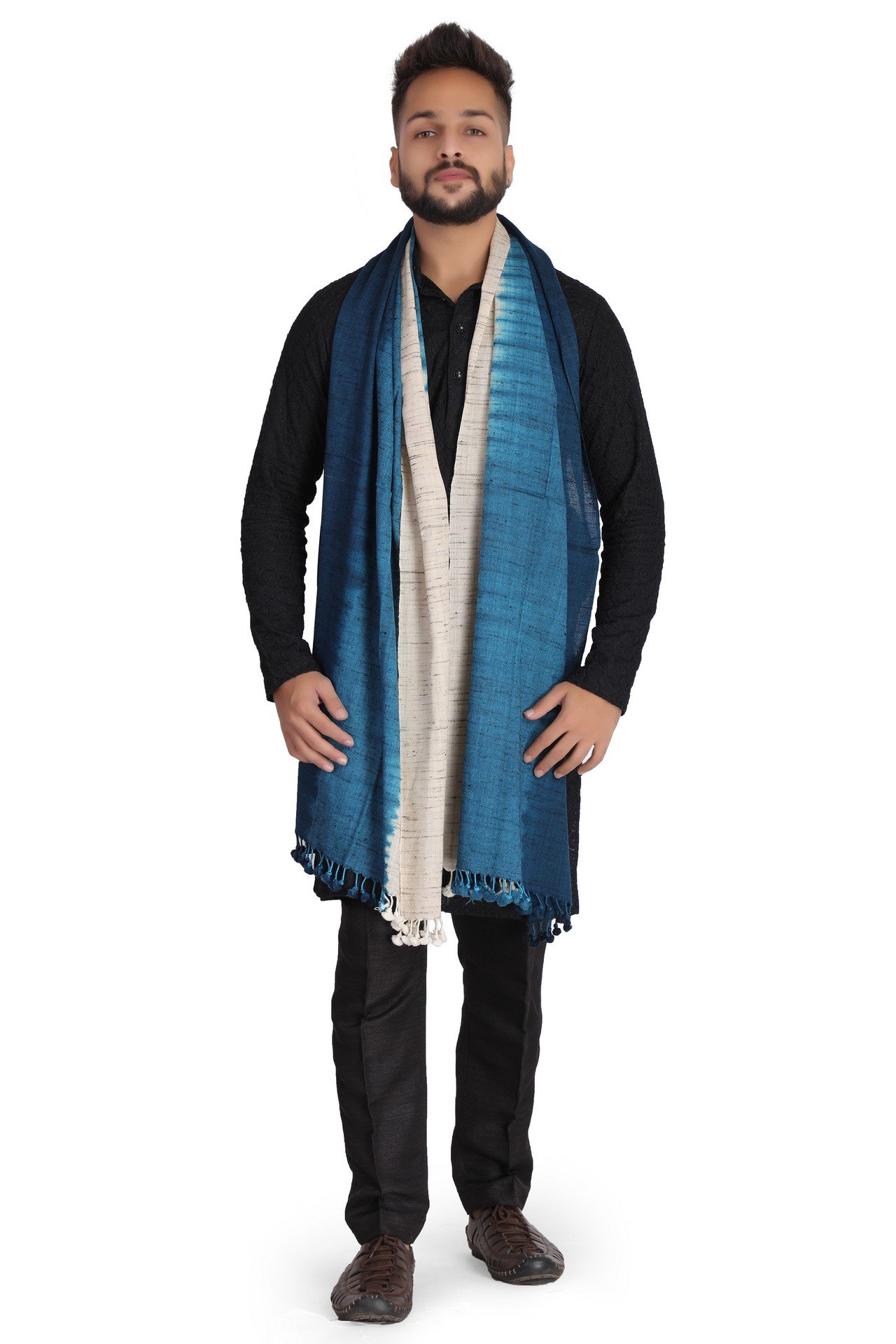 Fine Silk Stole White Dark Blue Sky Blue FSST002_
