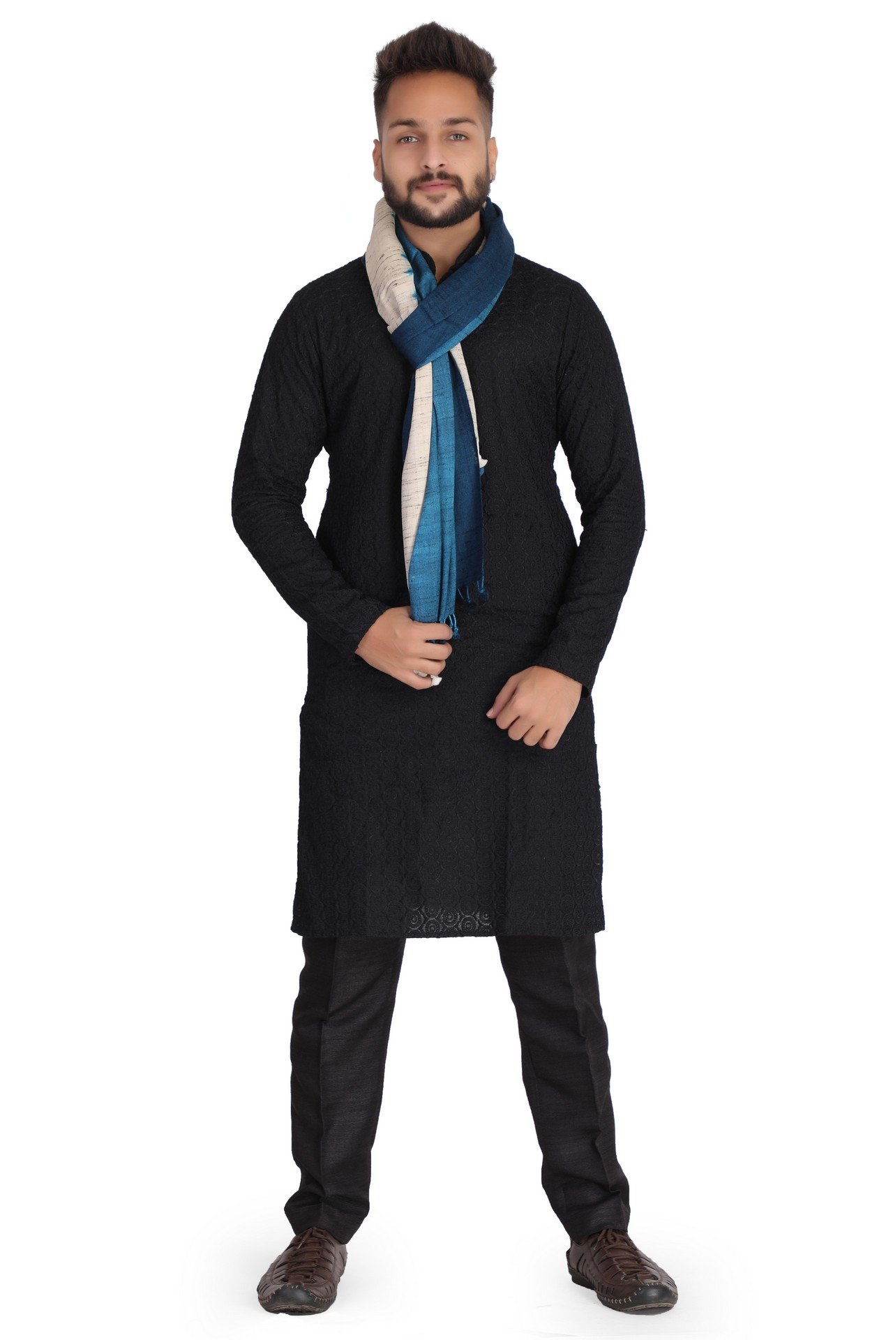 Fine Silk Stole White Dark Blue Sky Blue FSST002__