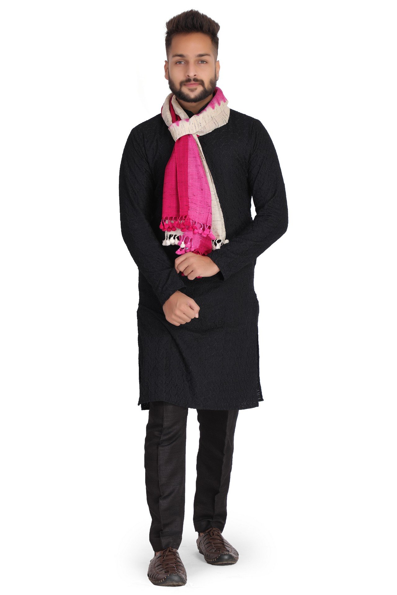 Fine Silk Stole White Hot Pink Rani FSST003