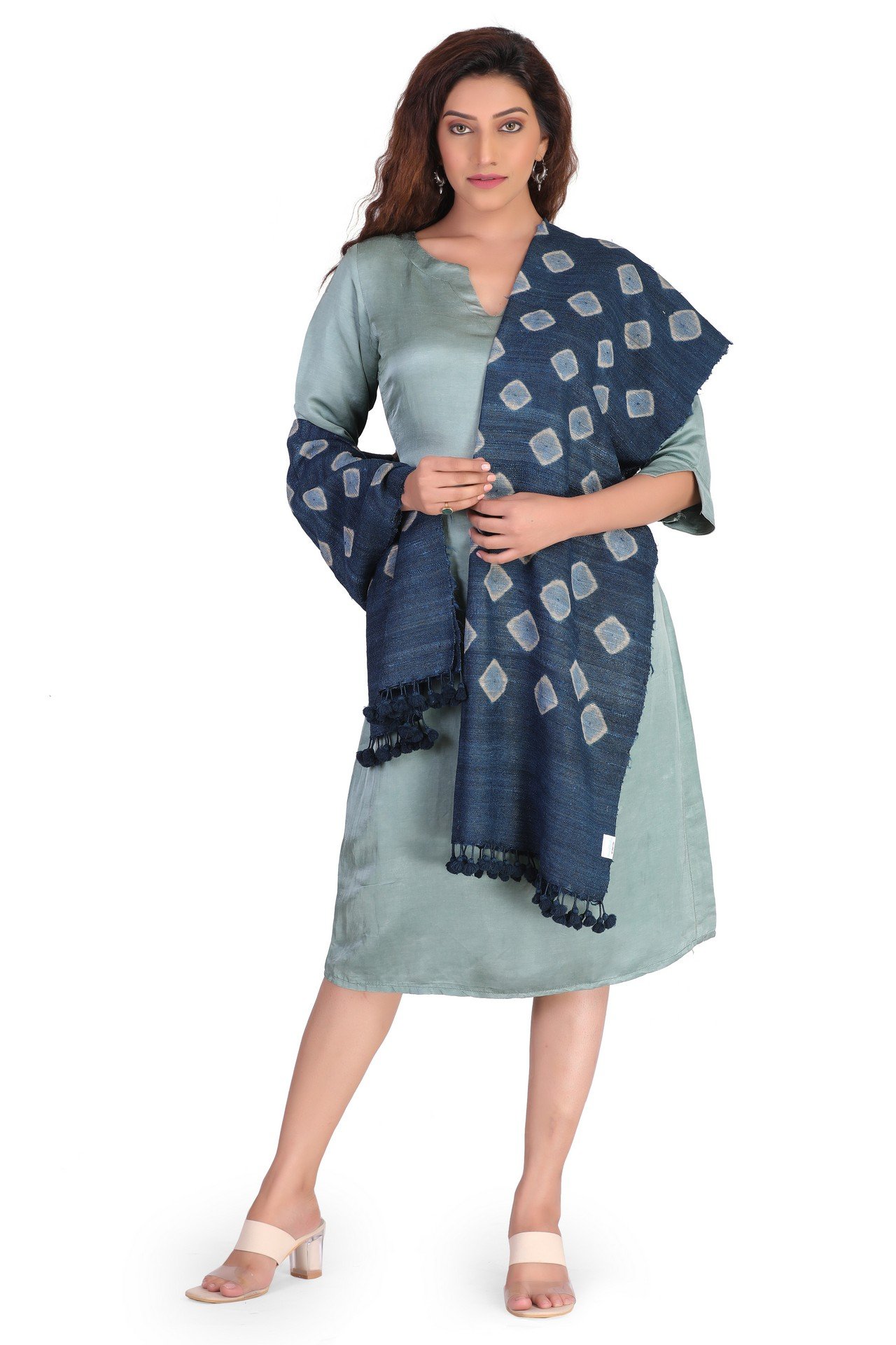 Silk Wool Big Bandhani Stole Sky Blue SWBBST003