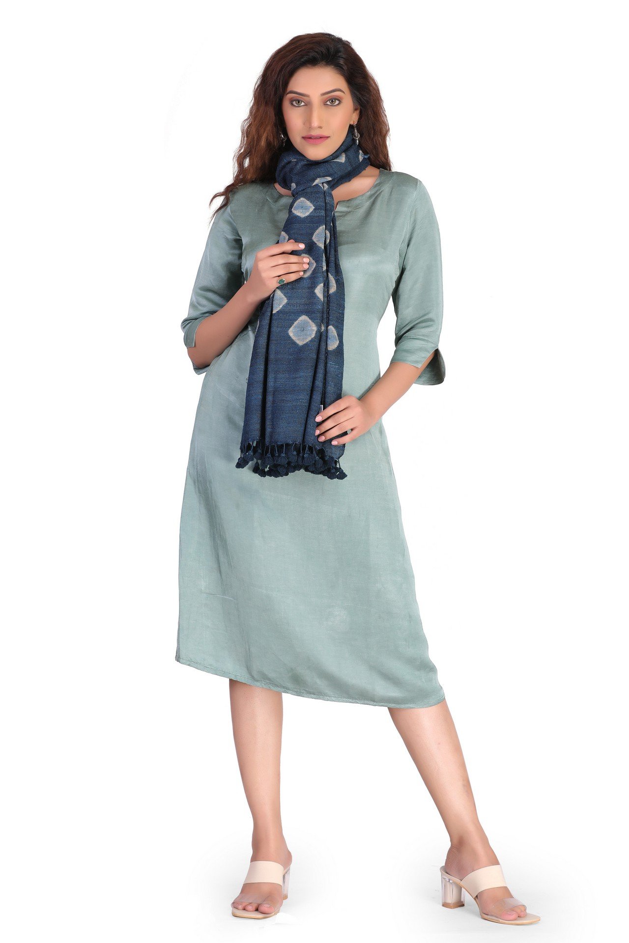 Silk Wool Big Bandhani Stole Sky Blue SWBBST003___