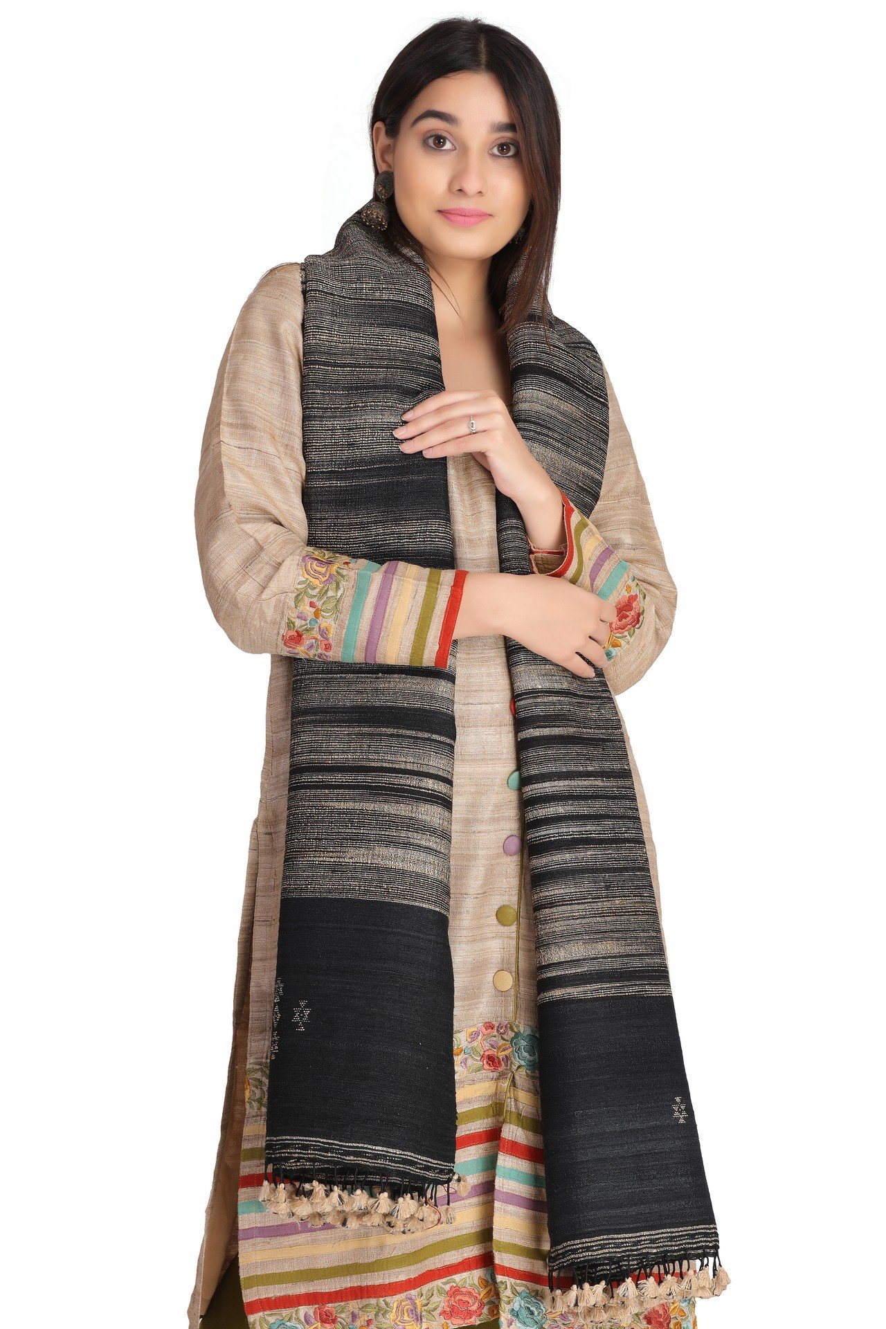 Silk Wool Ekat Shawl Black IvorySWES001