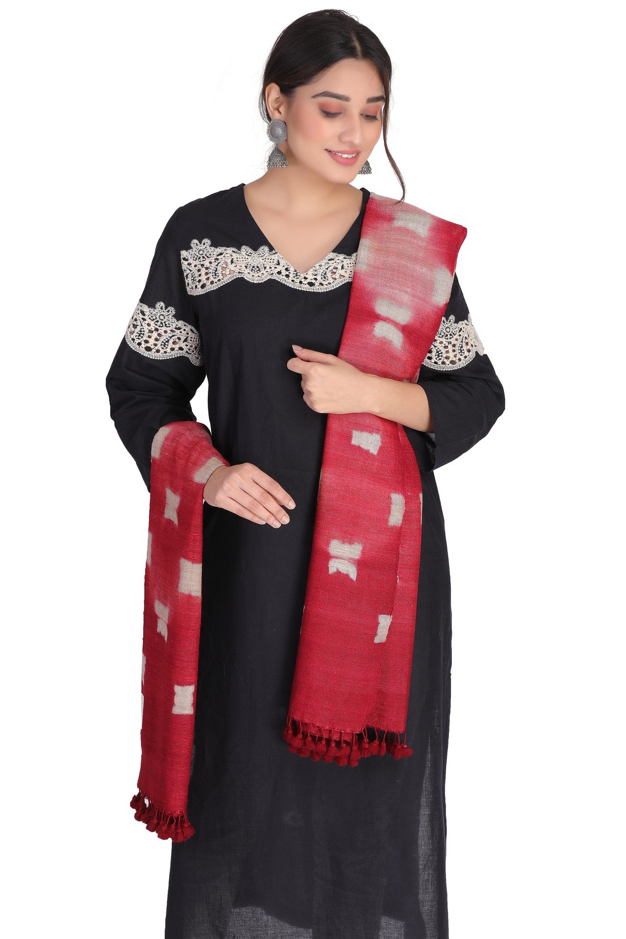 Silk Wool Squre Print Stole Cherry Red SWSPST004