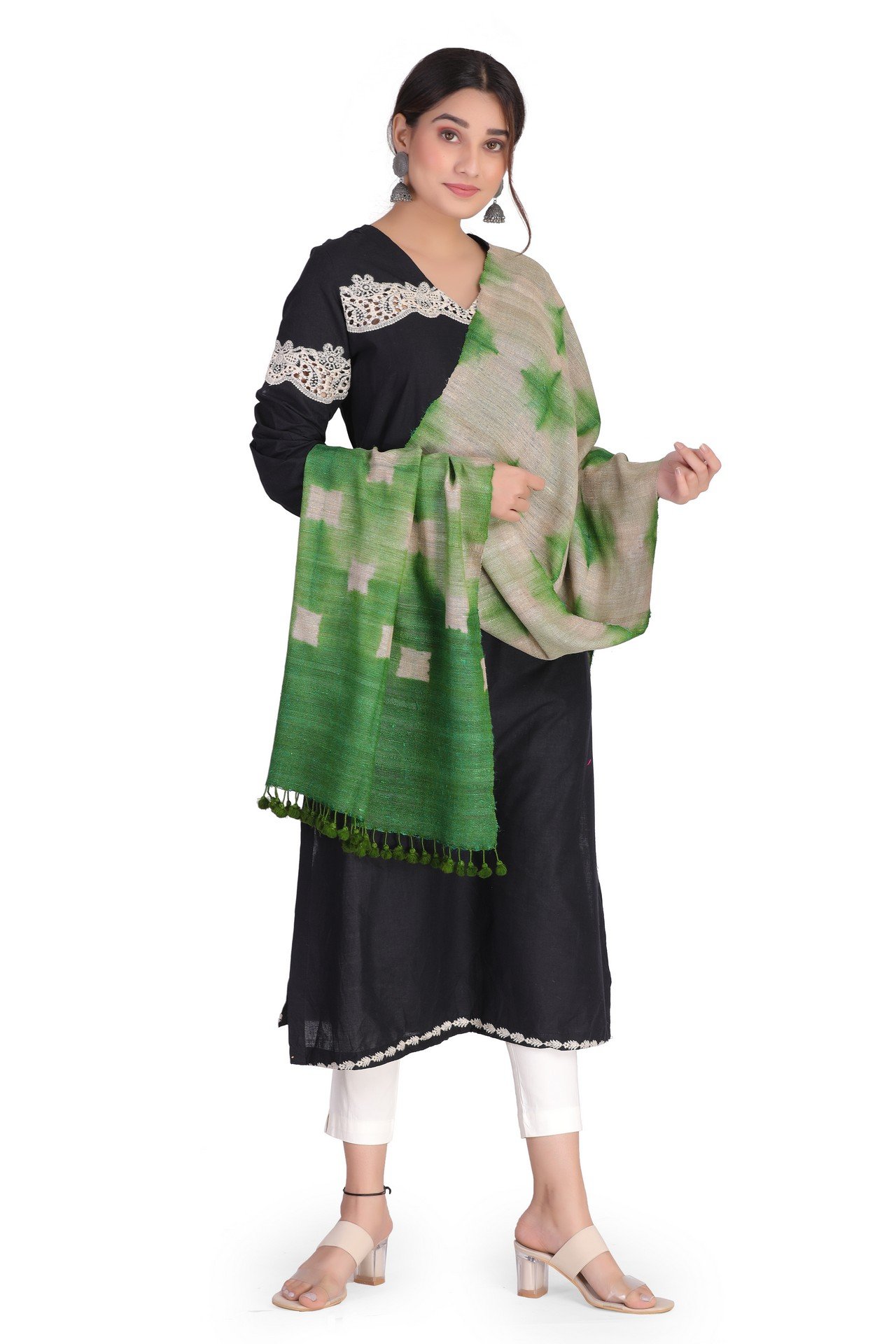 Silk Wool Squre Print Stole Parrot Green SWSPST003__