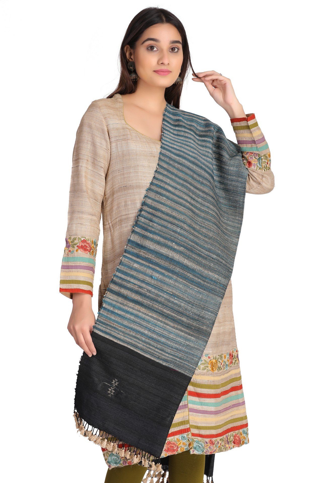Silk Wool Stole Blue Black SWST002