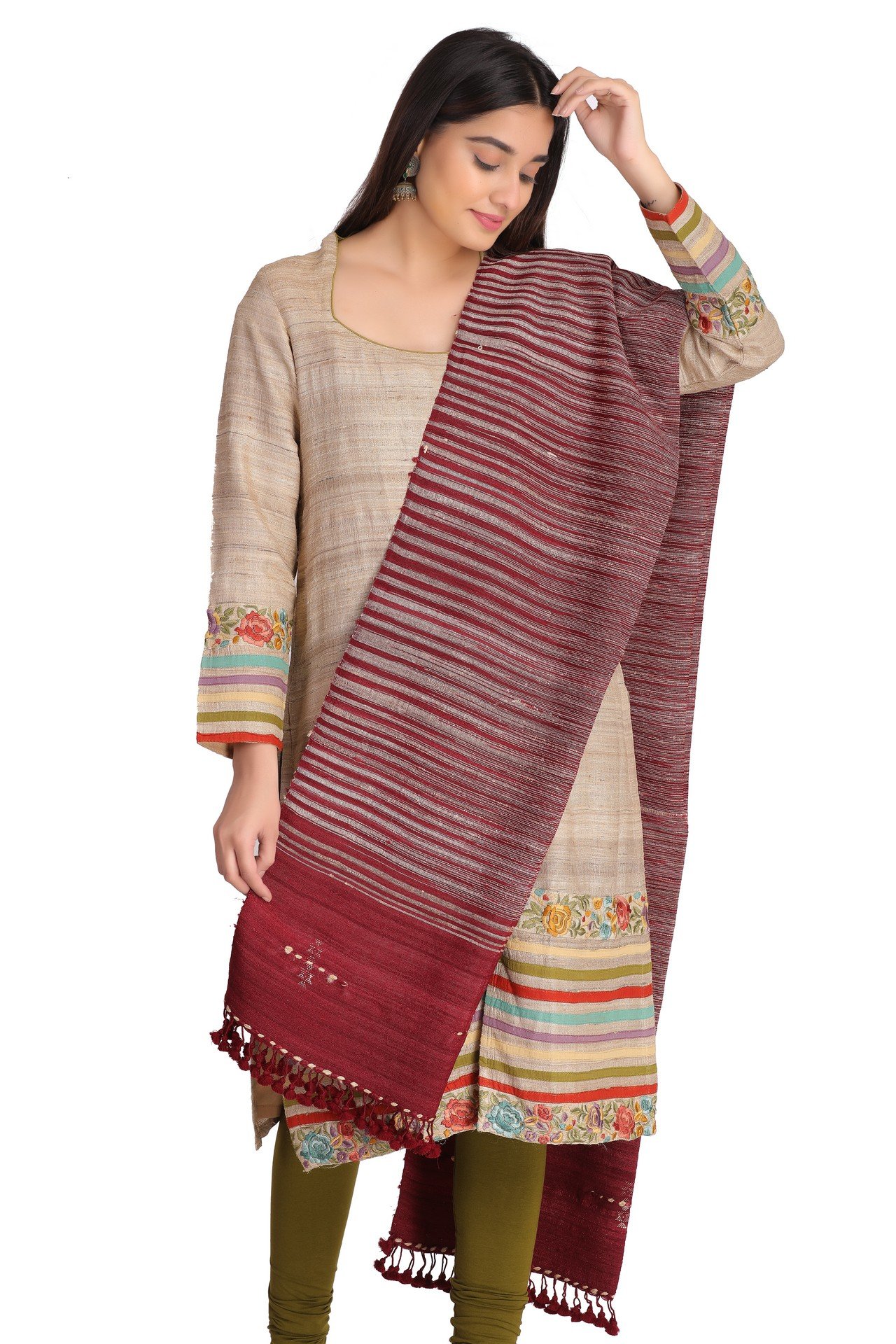 Silk Wool Stole Maroon IvorySWST007