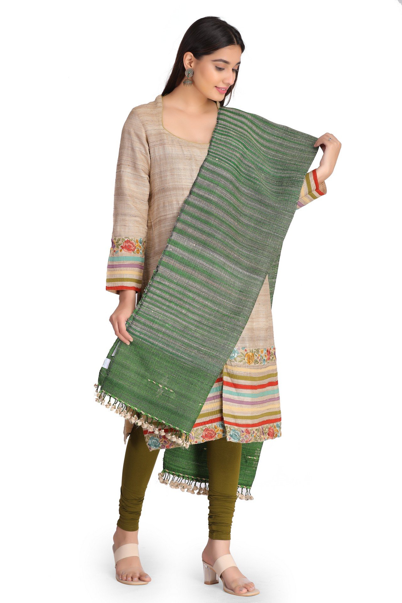 Silk Wool Stole Parrot Green Ivory SWST004