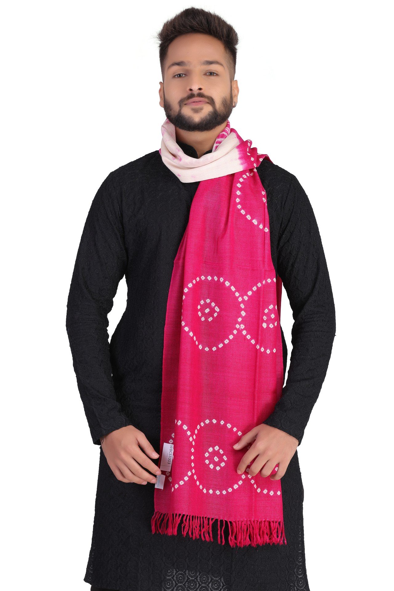 Wool Bandhani Cricle Stole Rani Pink White WBCST003