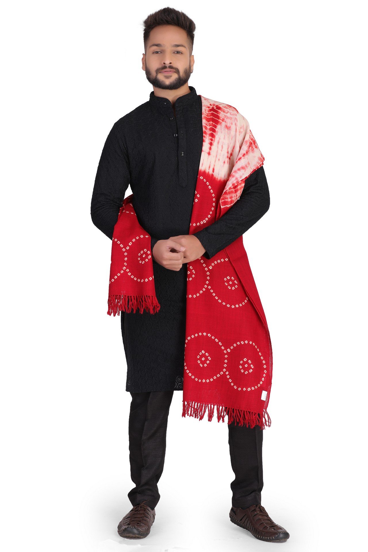 Wool Bandhani Cricle Stole Red White WBCST002