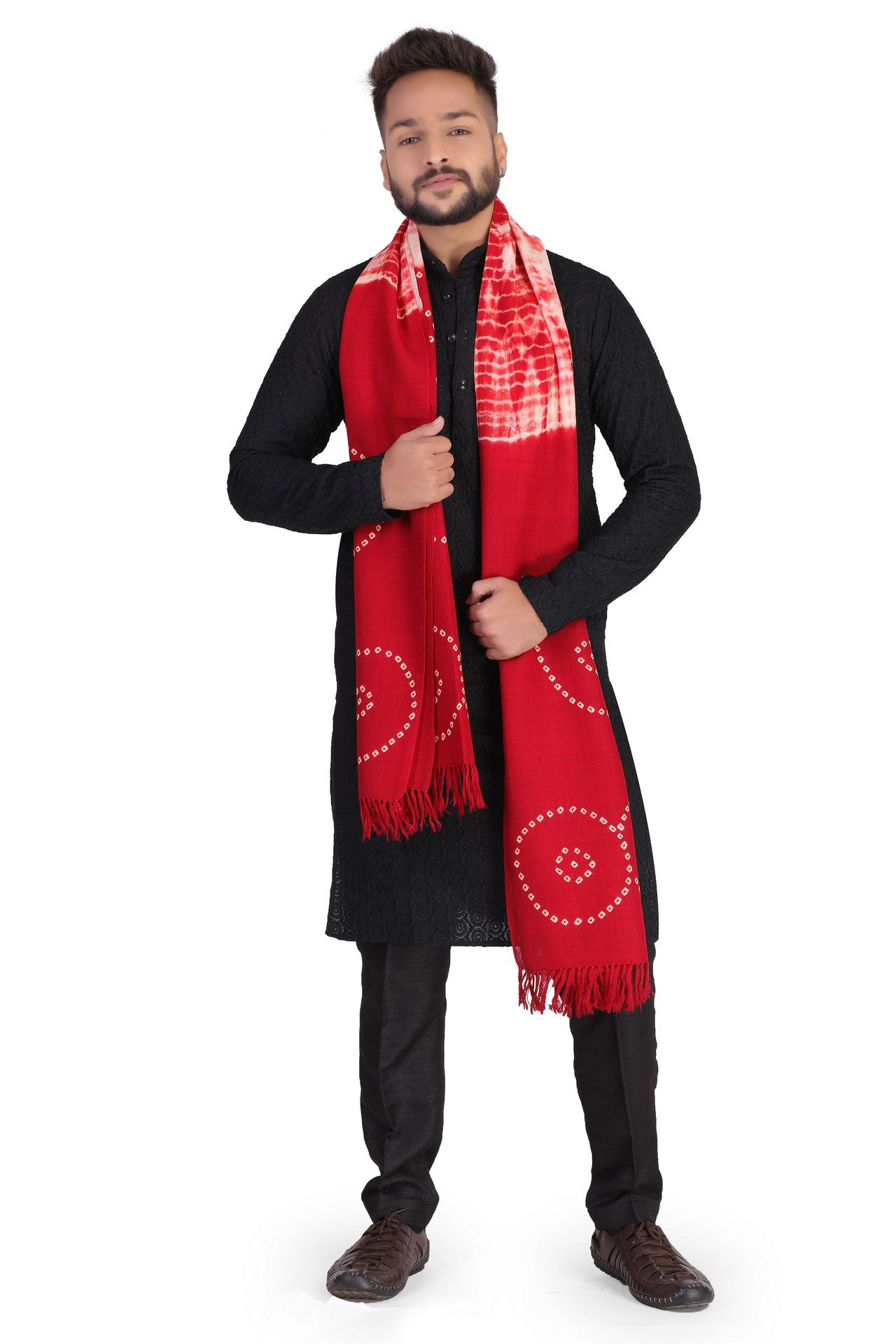 Wool Bandhani Cricle Stole Red White WBCST002_
