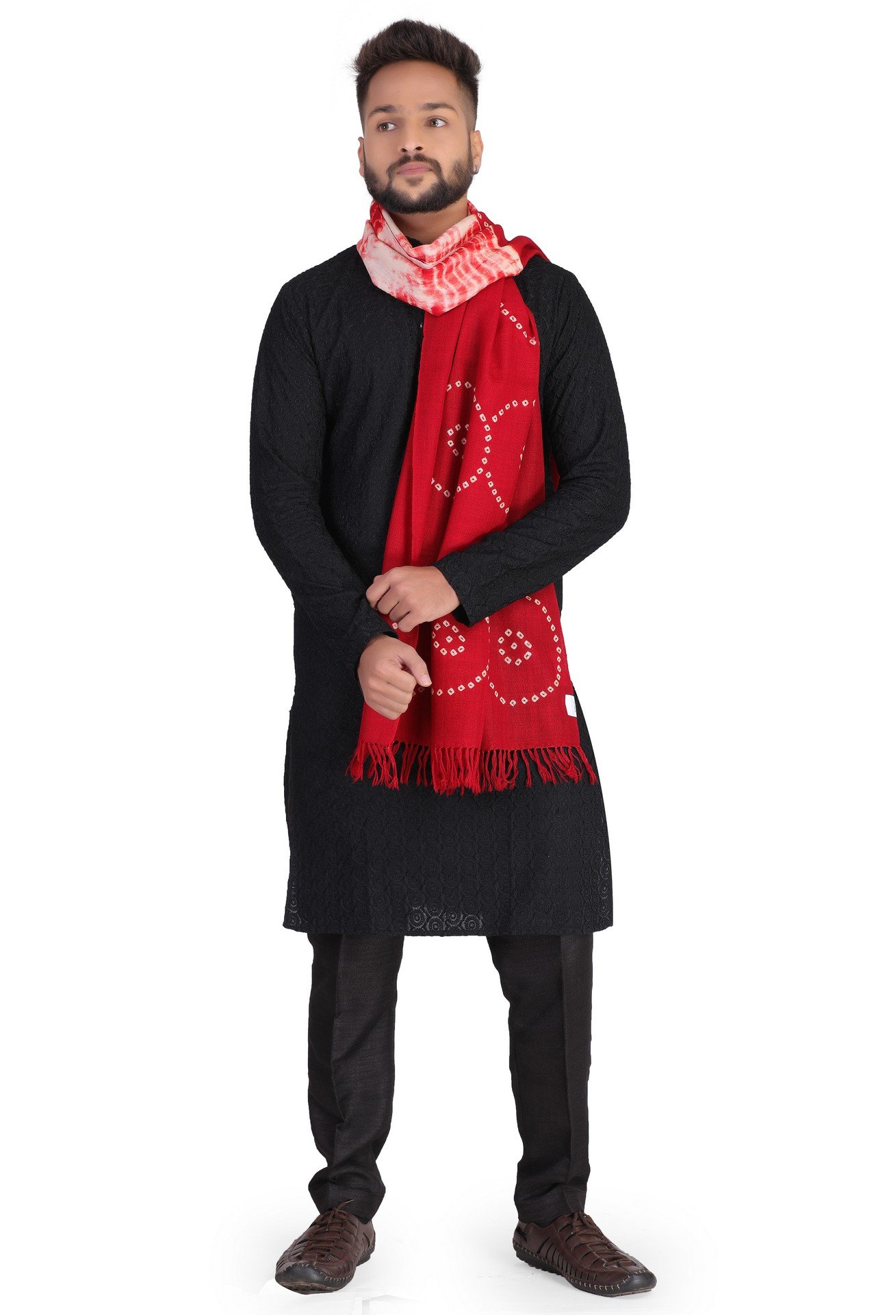 Wool Bandhani Cricle Stole Red White WBCST002__