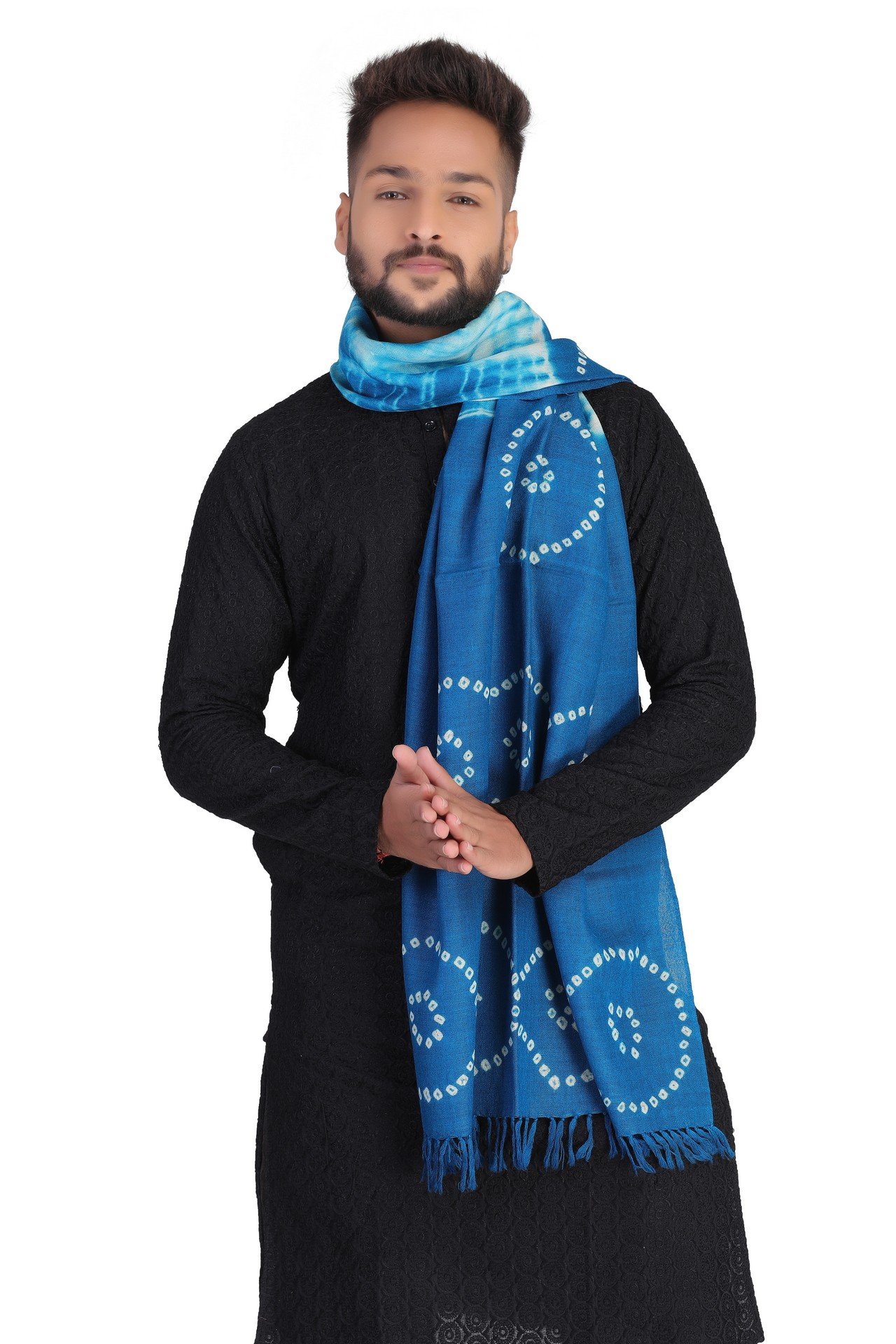 Wool Bandhani Cricle Stole Sky Blue White WBCST004