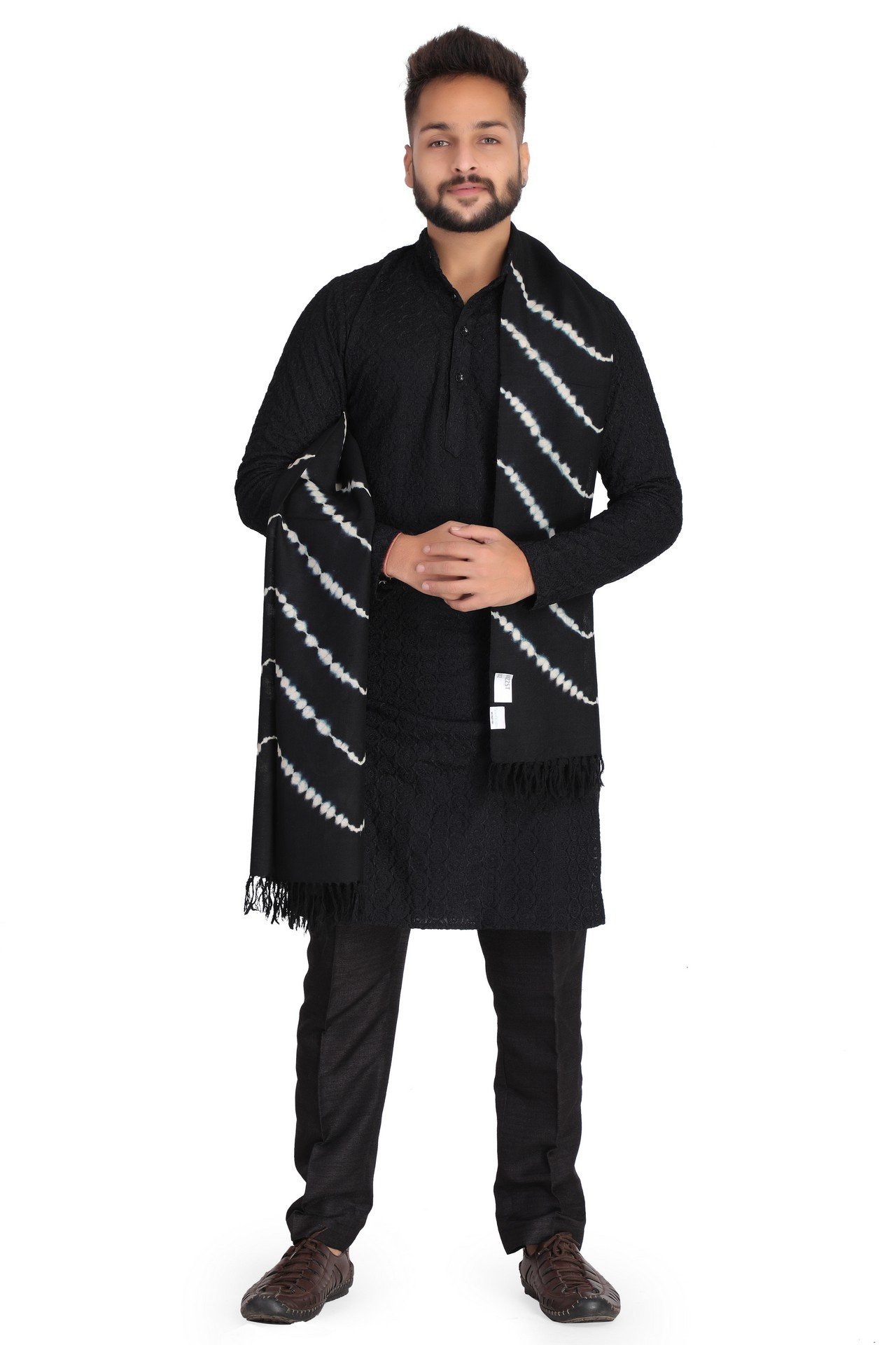 Wool Bandhani Zig Zig Stole Black White WBZZST002
