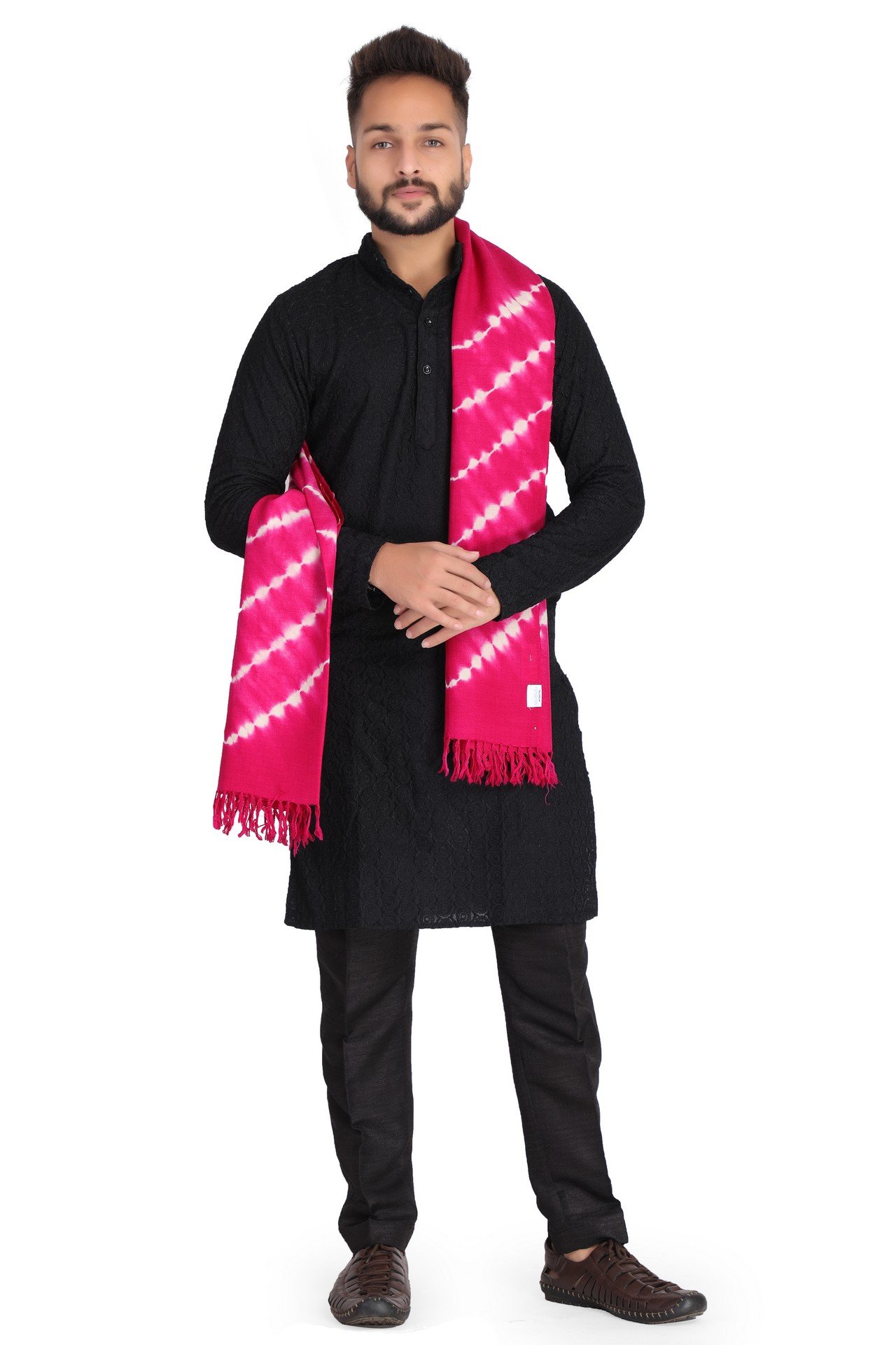 Wool Bandhani Zig Zig Stole Dark Rsni White WBZZST003