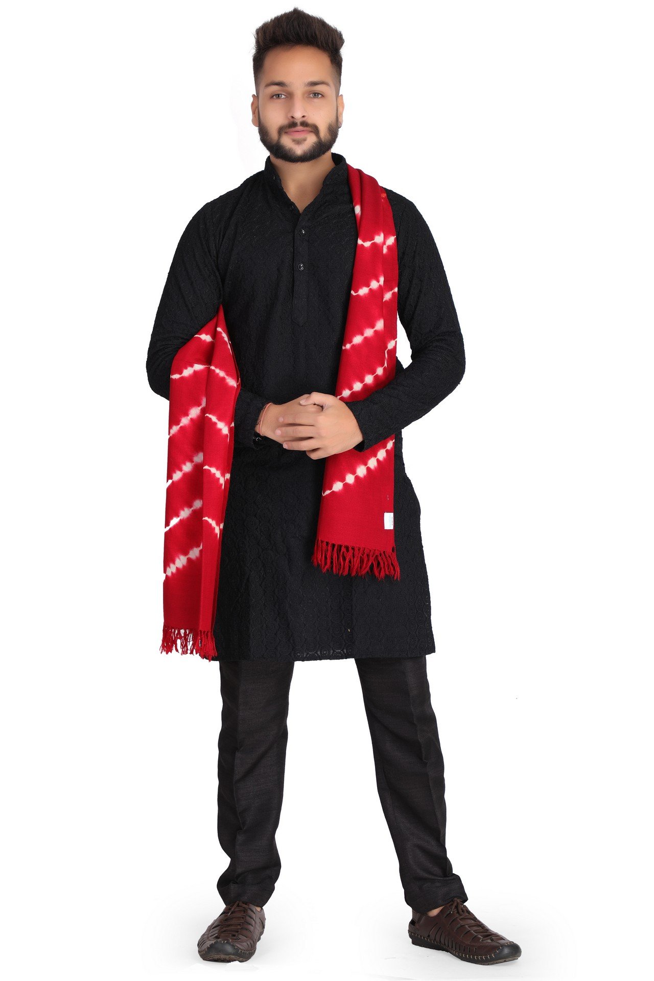 Wool Bandhani Zig Zig Stole Marron White WBZZST001