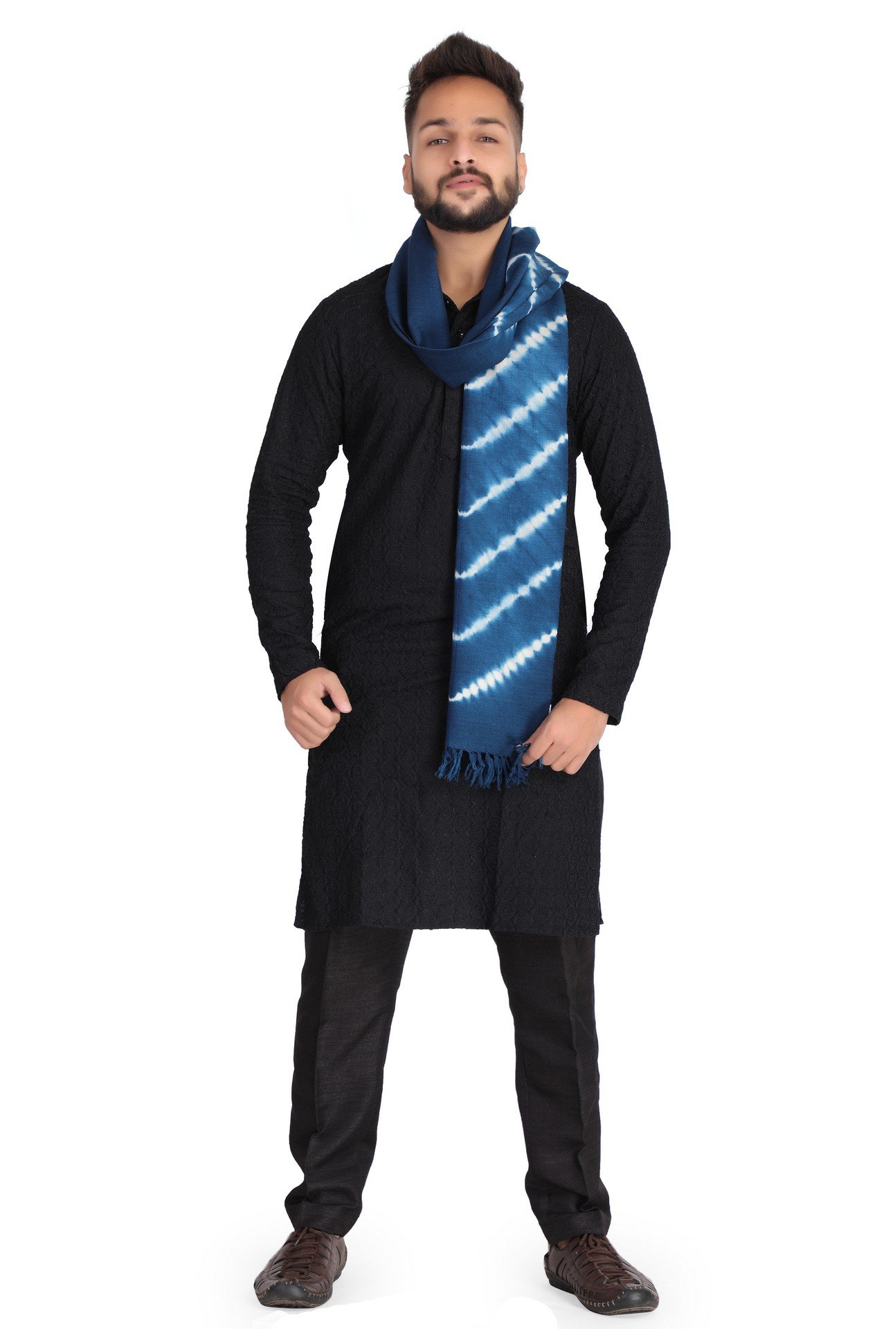 Wool Bandhani Zig Zig Stole Sky Blue WhiteWBZZST004