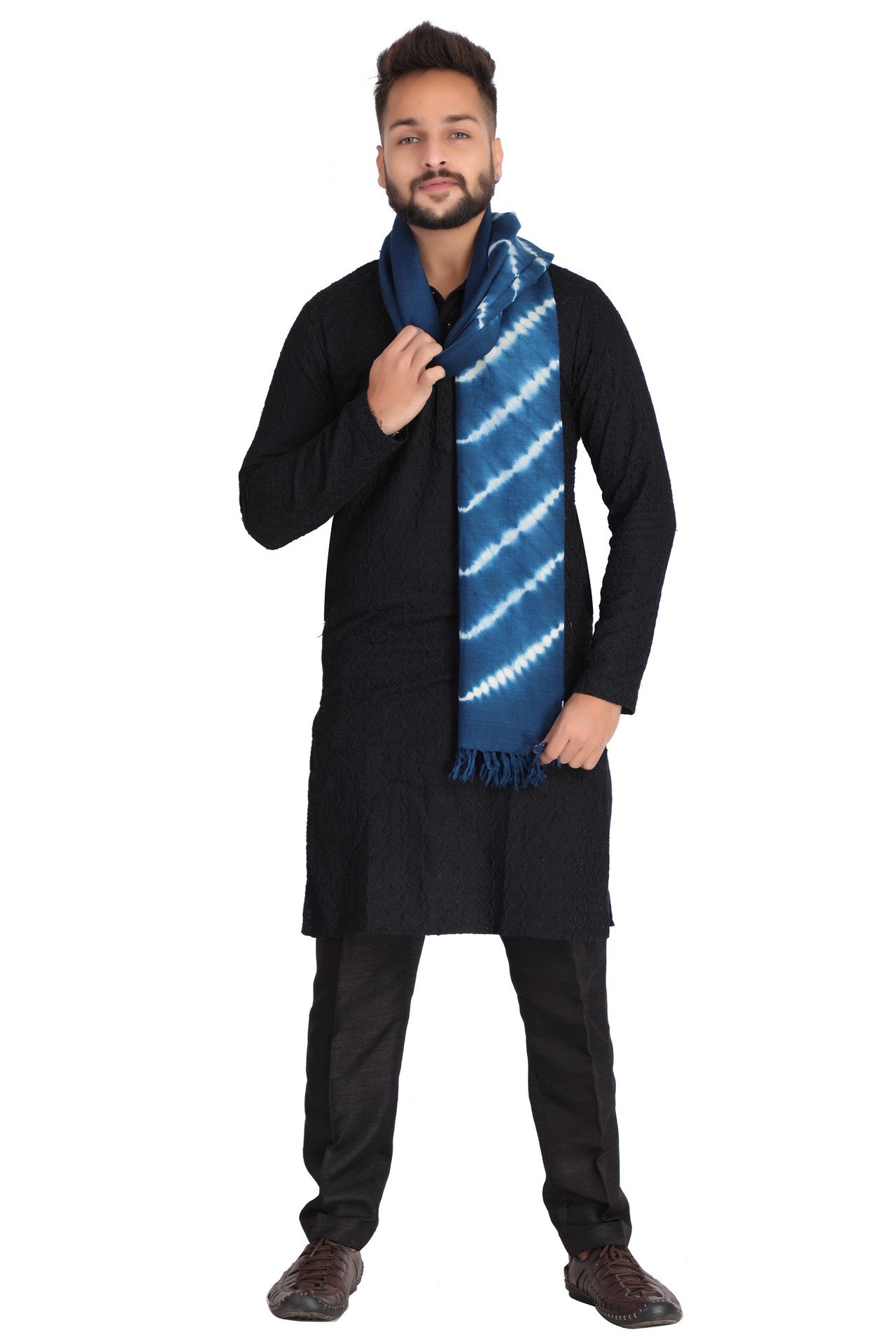 Wool Bandhani Zig Zig Stole Sky Blue WhiteWBZZST004_