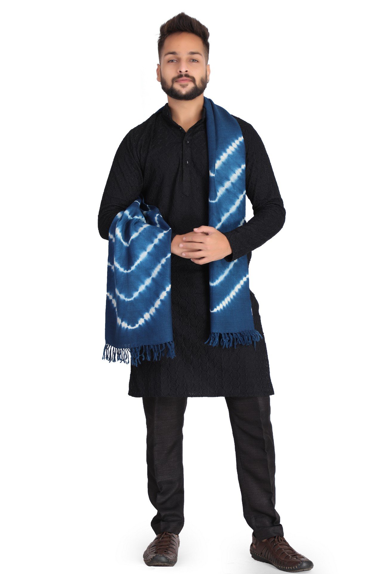 Wool Bandhani Zig Zig Stole Sky Blue WhiteWBZZST004__