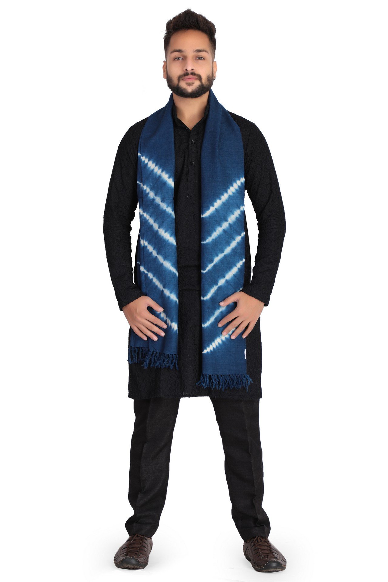 Wool Bandhani Zig Zig Stole Sky Blue WhiteWBZZST004___