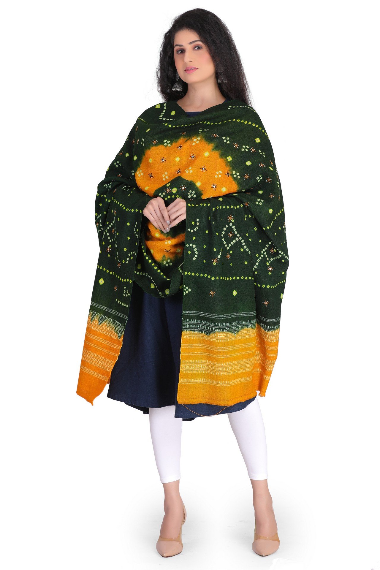 Wool Bandhni Shawl Green Yellow WBS003