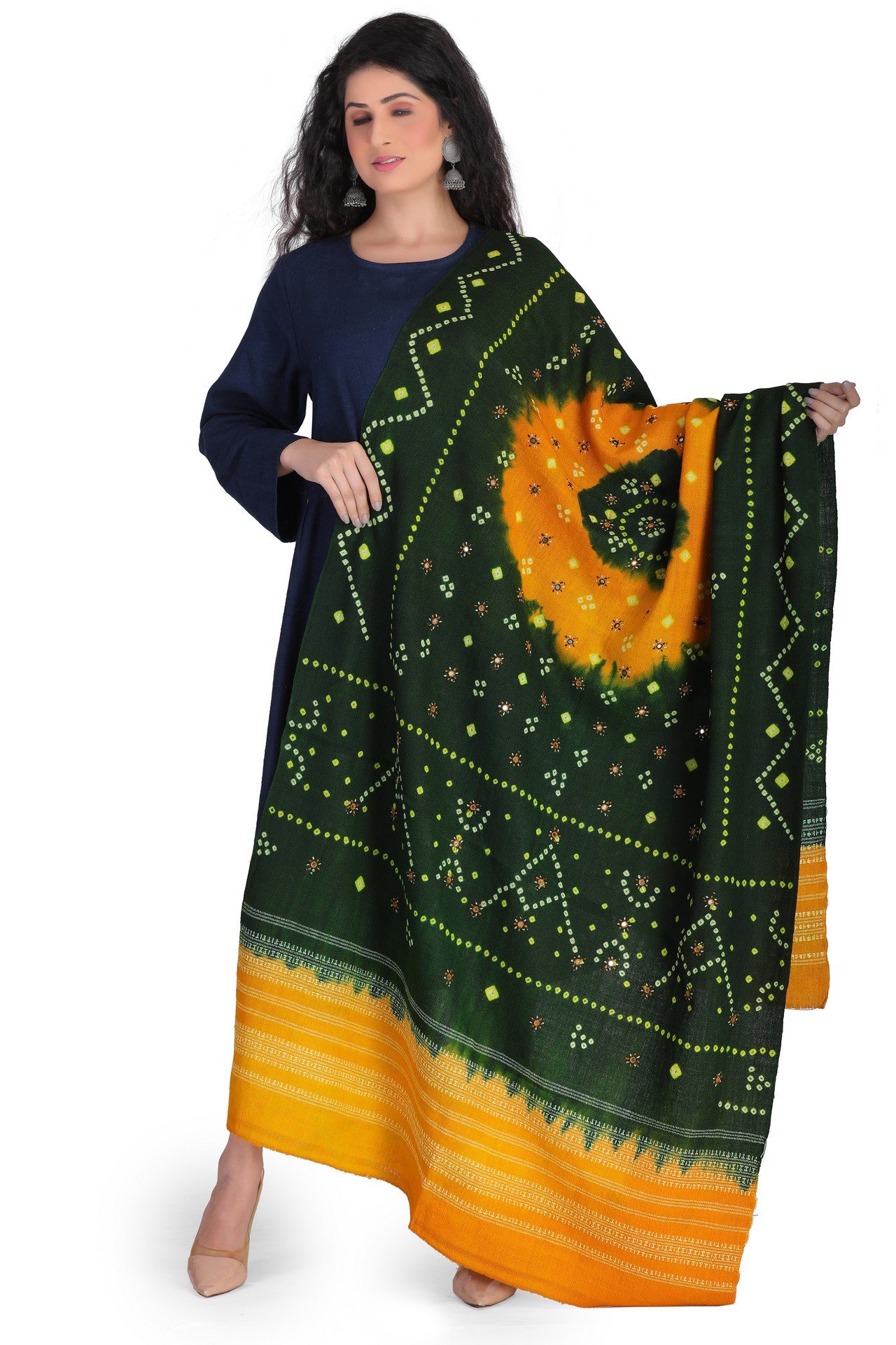 Wool Bandhni Shawl Green Yellow WBS003_