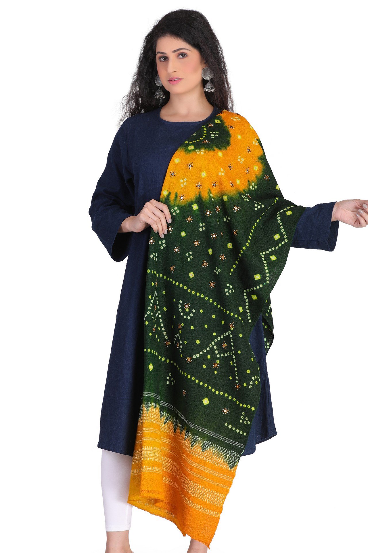 Wool Bandhni Shawl Green Yellow WBS003___