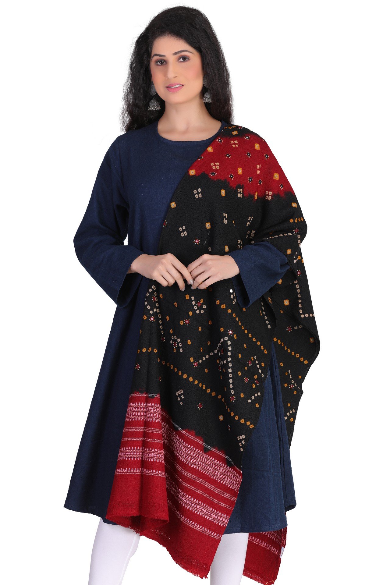Wool Bandhni Shawl Red Black WBS006