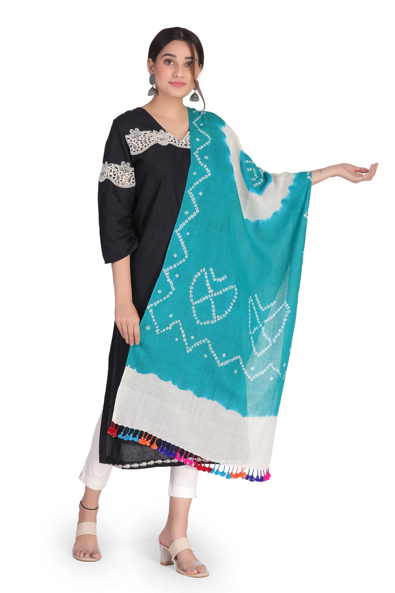 Bandhani Fuman Stole Aqua Blue White BFST001