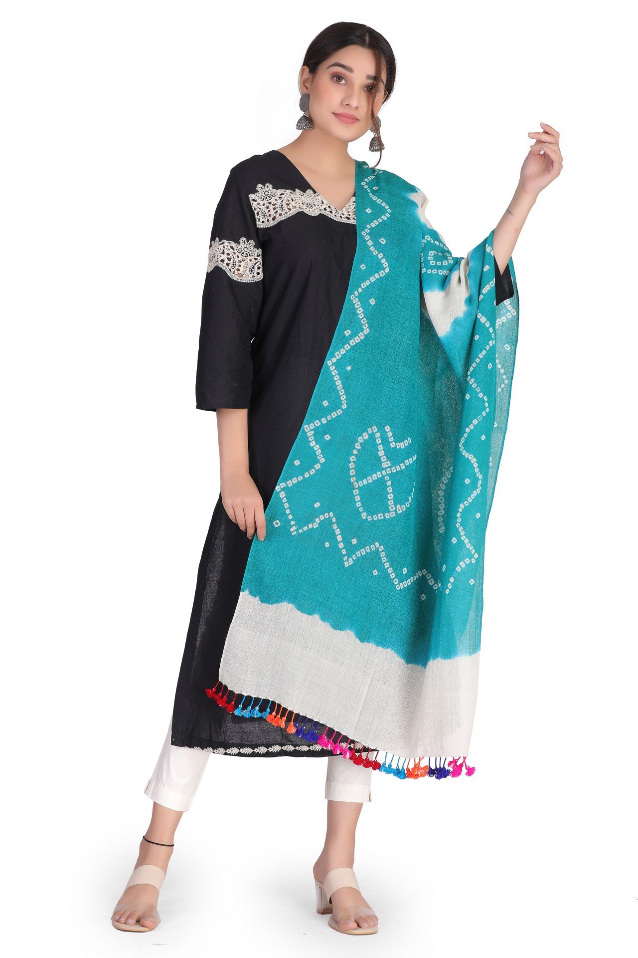 Bandhani Fuman Stole Aqua Blue White BFST001_