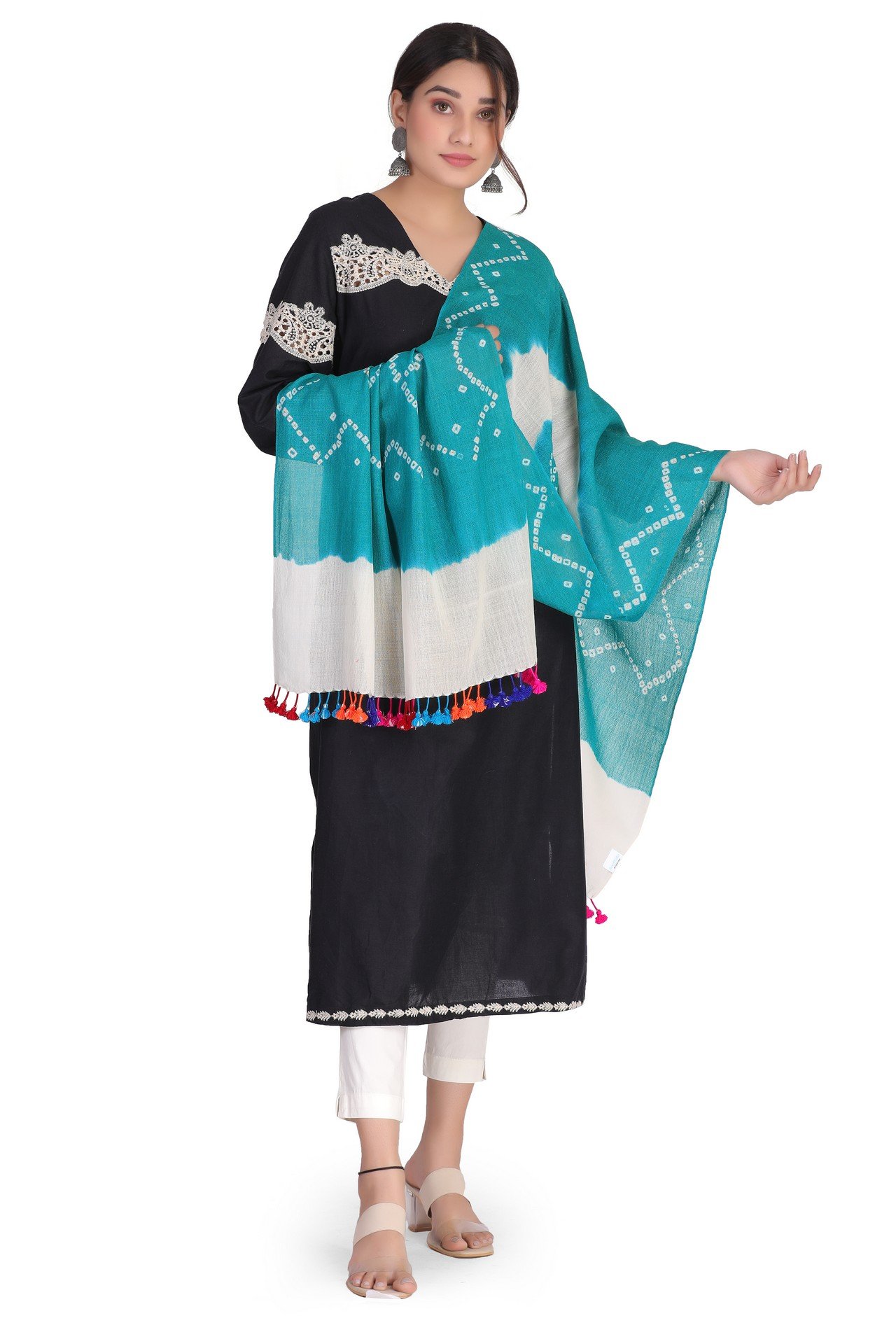 Bandhani Fuman Stole Aqua Blue White BFST001__