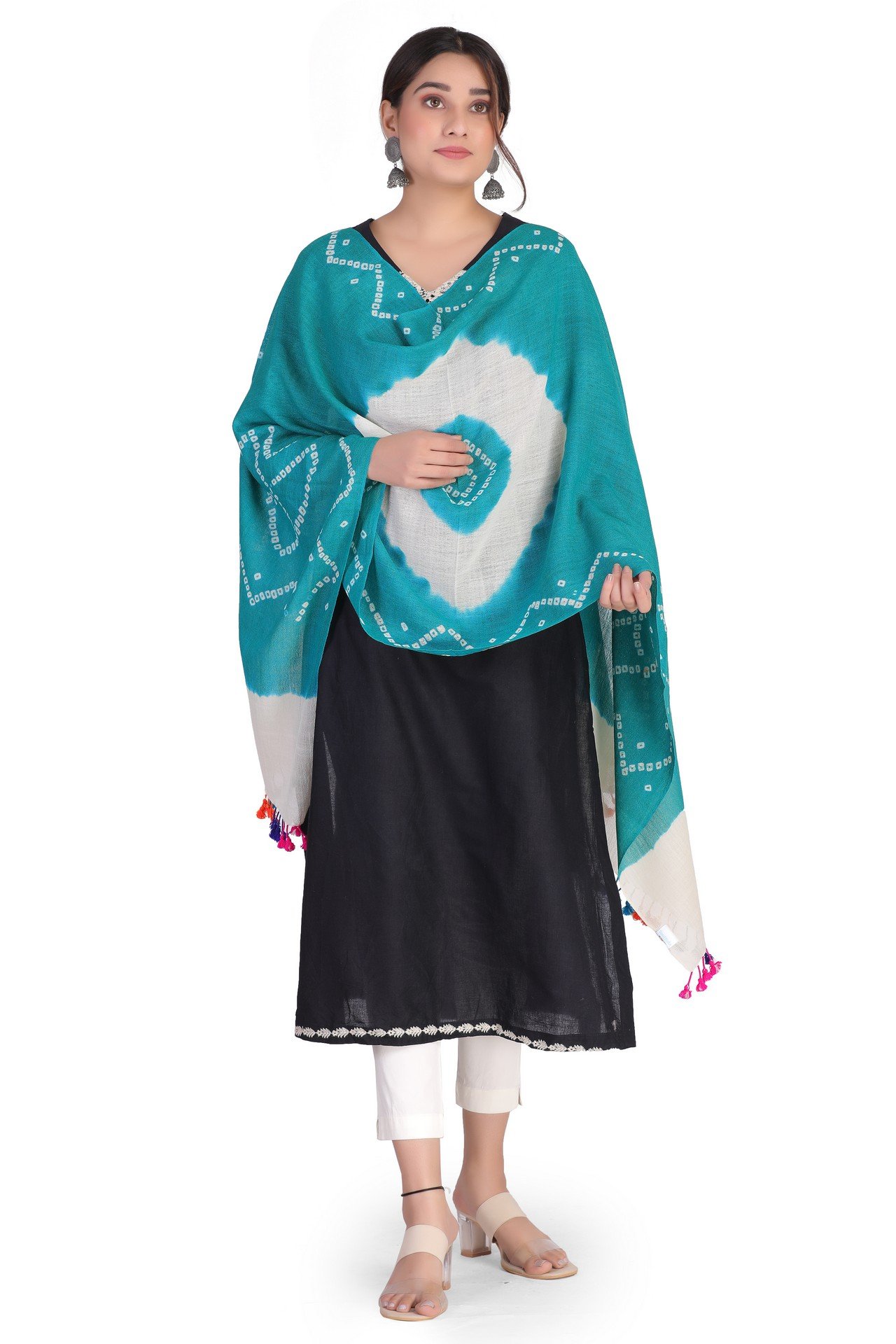 Bandhani Fuman Stole Aqua Blue White BFST001___