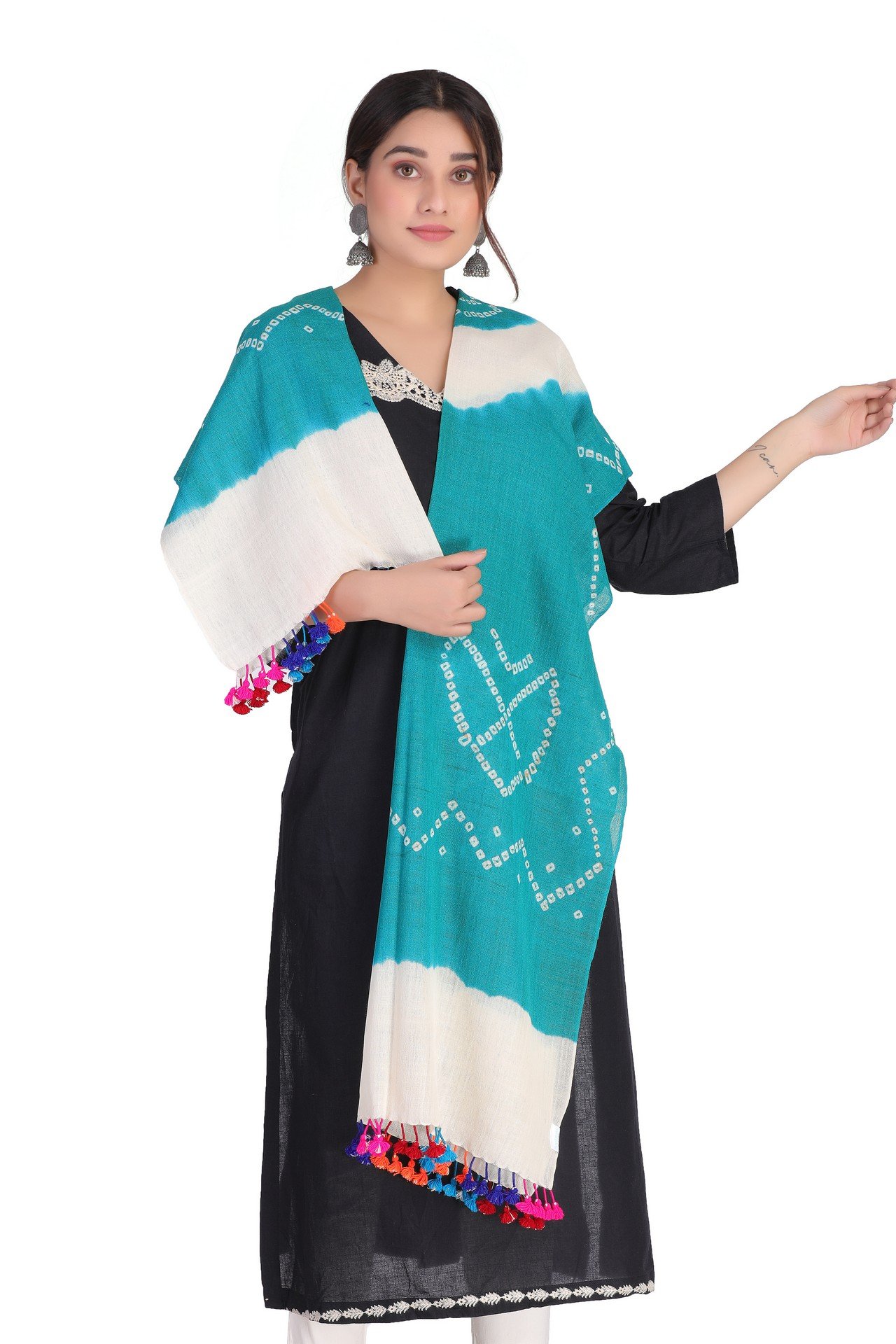 Bandhani Fuman Stole Aqua Blue White BFST001____